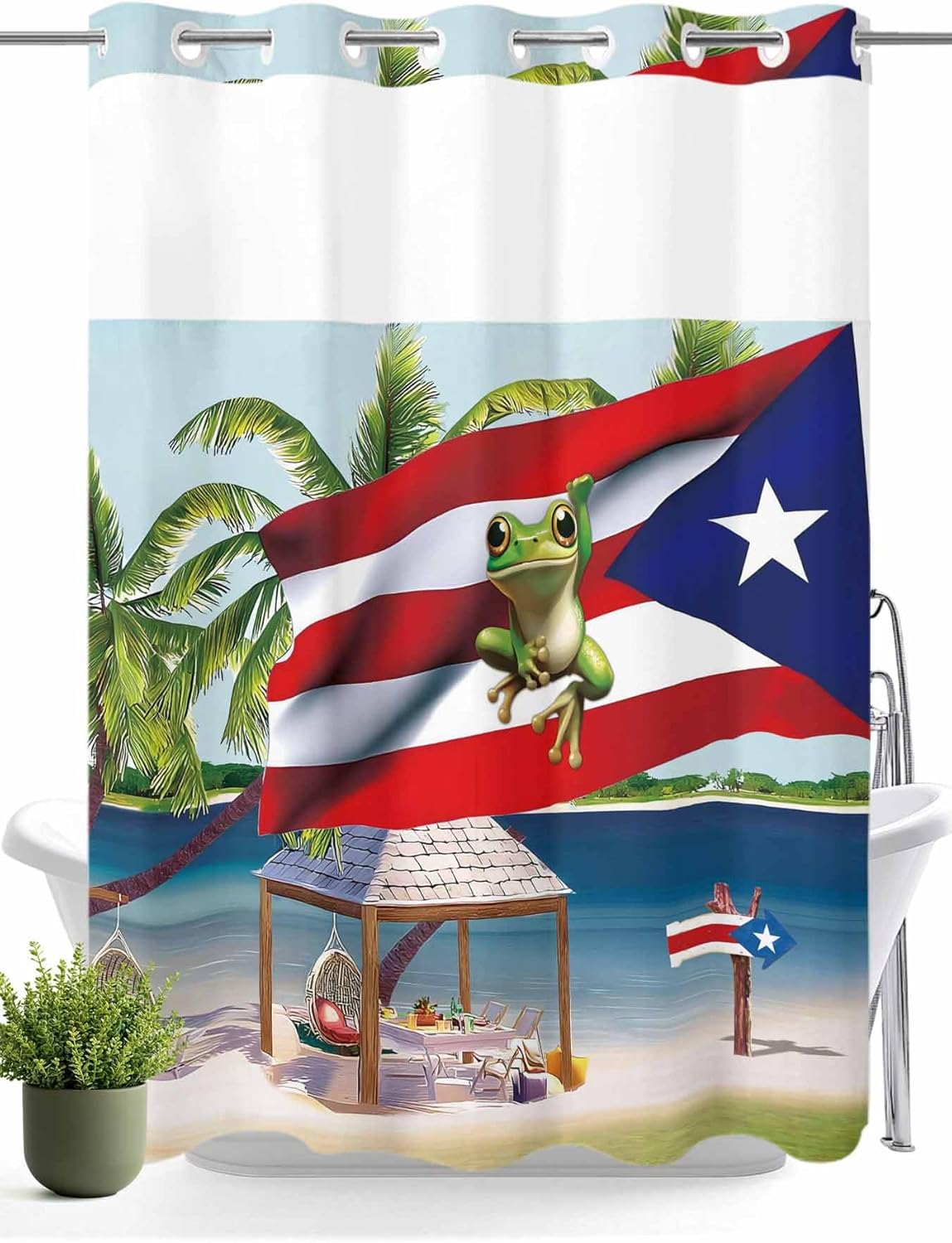 No Hooks Shower Curtain and Snap-in Liner Sets 60"x72",Puerto Rico Flag Frog Coconut Trees Waterproof Bath Curtain Double Layers Shower Curtains for Bathroom Hotel,Ocean Beach