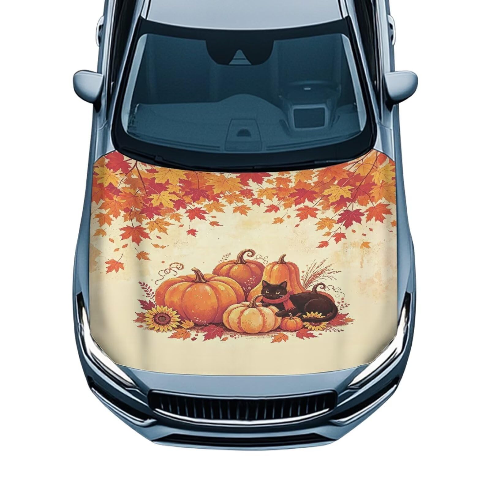 Fall Black Cat Pumpkin Sunflower Print Car Hood Cover Protector 59×39 Inch Stretchable Auto Hood Wraps Waterproof Halloween Automotive Exterior Accessories for Most SUV Sedans Trucks