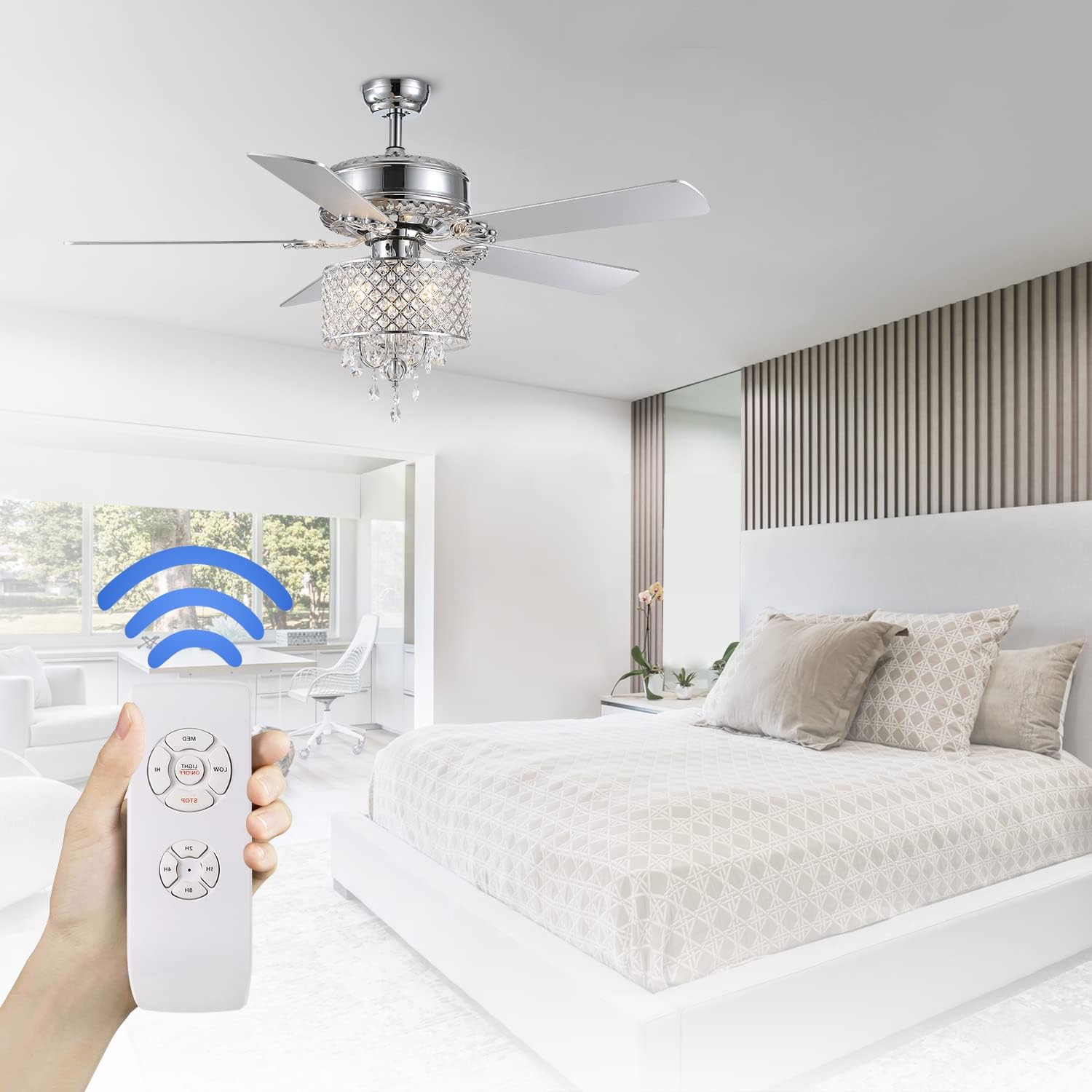 🔥 Crazy Deals APBEAMLighting 52 Inch Crystal Ceiling Fan Light Modern Elegant Fandelier Fan Indoor Chandelier Fans 5 Reversible Wood Blades 3 Speeds with Remote Control for Living Dining Room