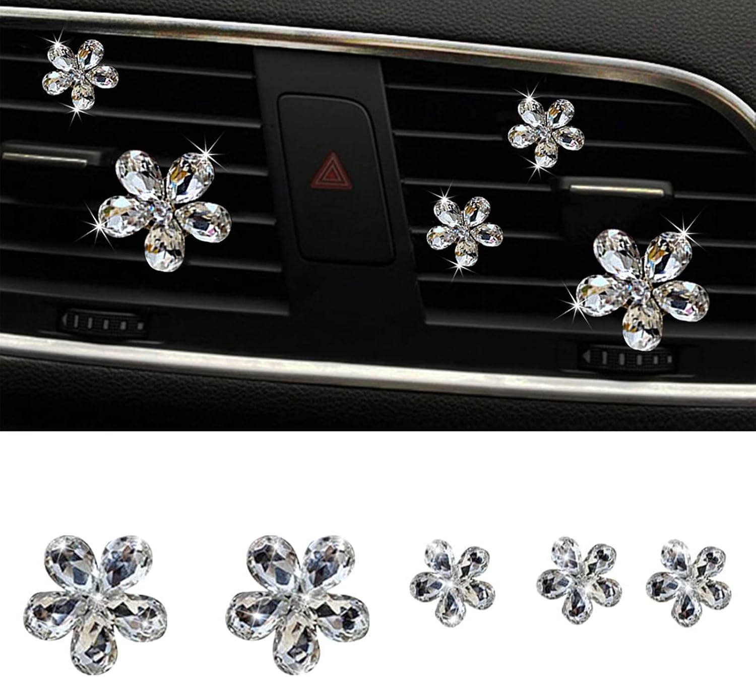 Bling Daisy Flower Car Air Vent Clips, 5PCS Sparkling Crystal Rhinestone Cute Vehicle Air Conditioning Clamp, Diamond Auto Air Outlet Clip Decor for Women Girls (White)