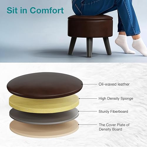 Miniatura 4 de Taburete otomano pequeño con almacenamiento, reposapiés otomano de piel sintética para sofá, reposapiés redondo para sala de estar (marrón) Marrón