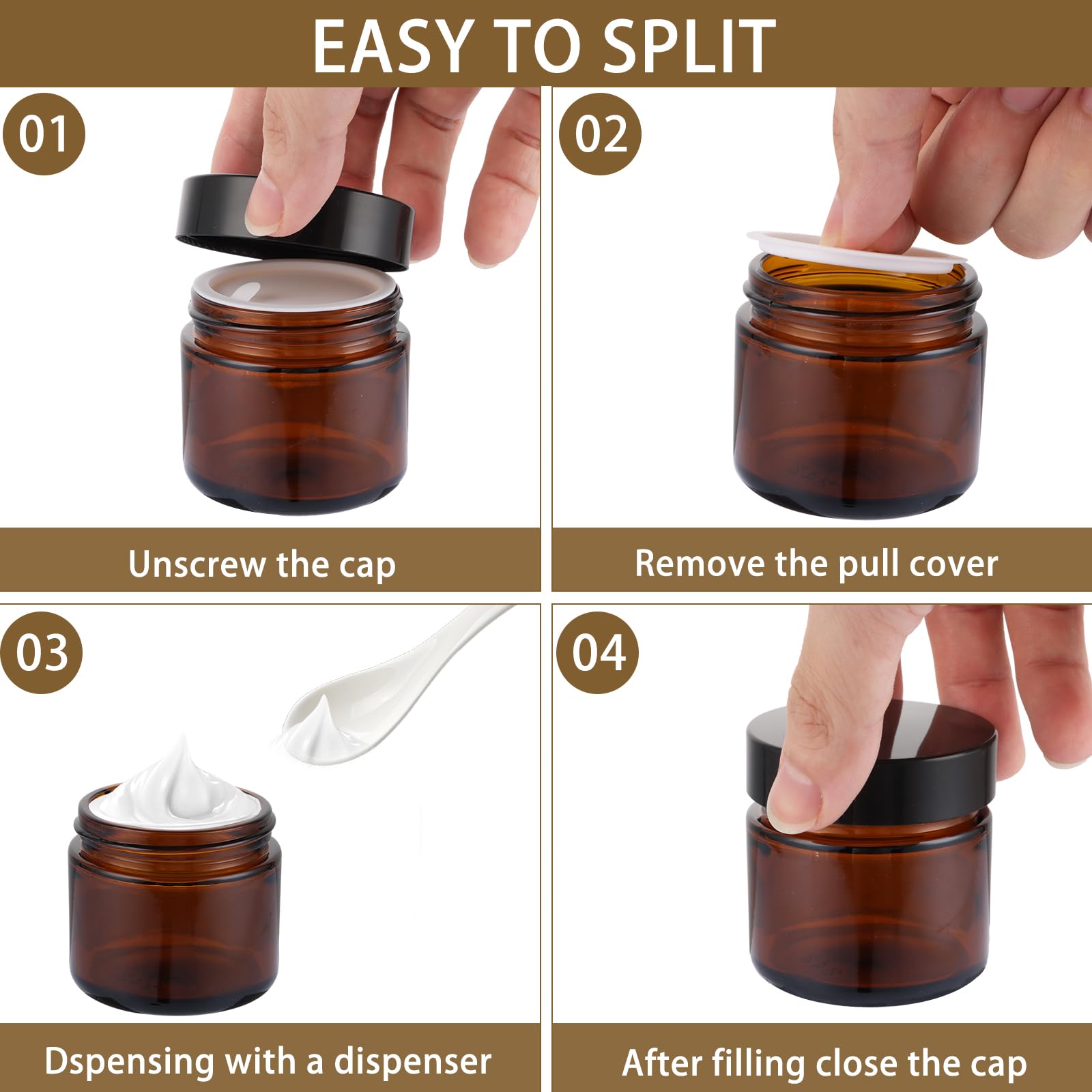 Lot de 25 pots en verre ambré - 60 ml - Pot à pommade à remplir - Avec couvercles noirs et couvercles intérieurs - Pour cosmétiques, lotions, crèmes, mini bougies