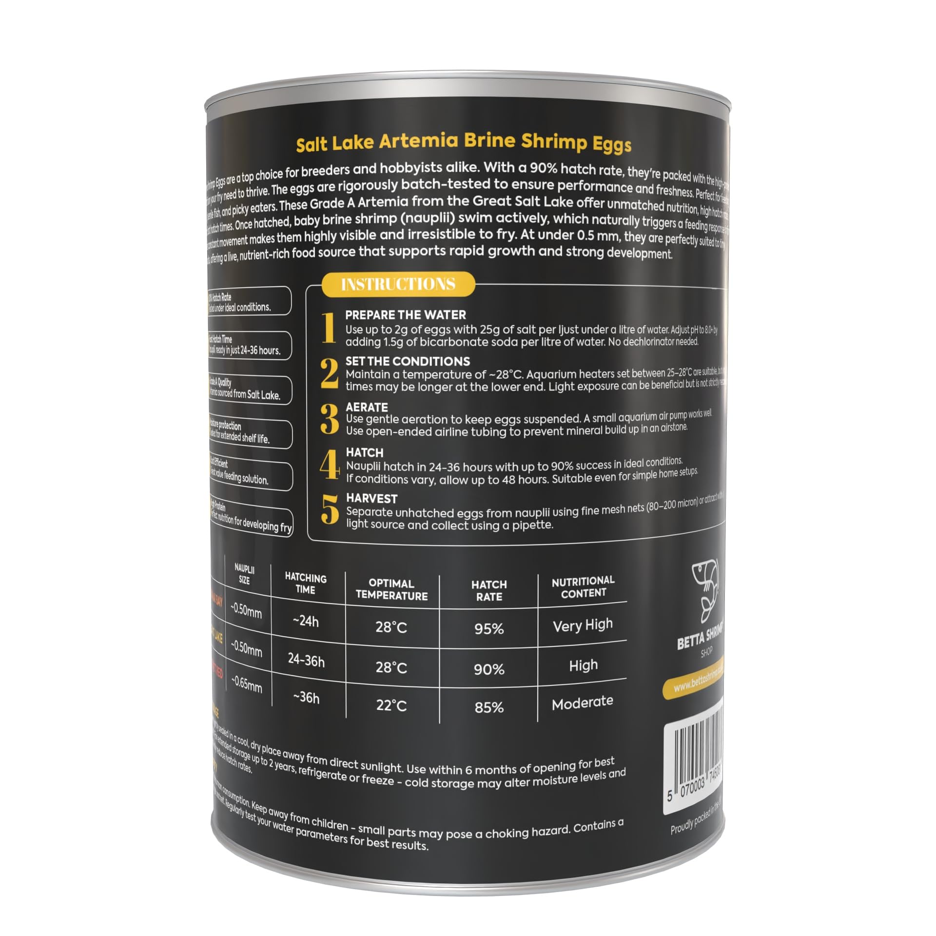 BSS Baby Brine Shrimp Eggs TIN, Artemia Hatching, Salt Lake - GRADE A, 90% RATE (1 Tin 425g) - Image 2