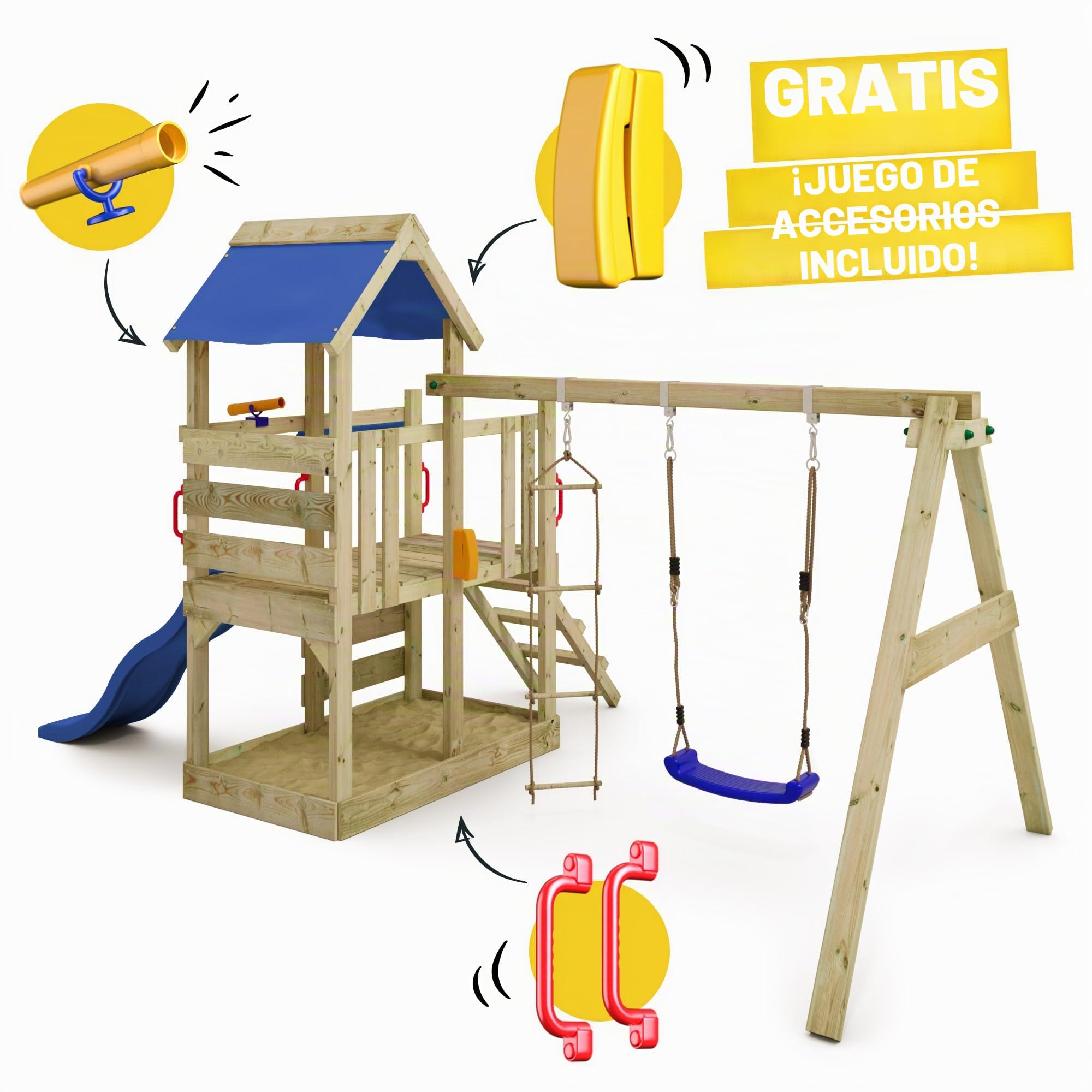 WICKEY Parque infantil de Escalada TurboFlyer con Columpio y Tobogán Azul, Torre de Escalada para Niños al Aire Libre con Arenero, Escalera y Accesorios de Juego para el Jardín