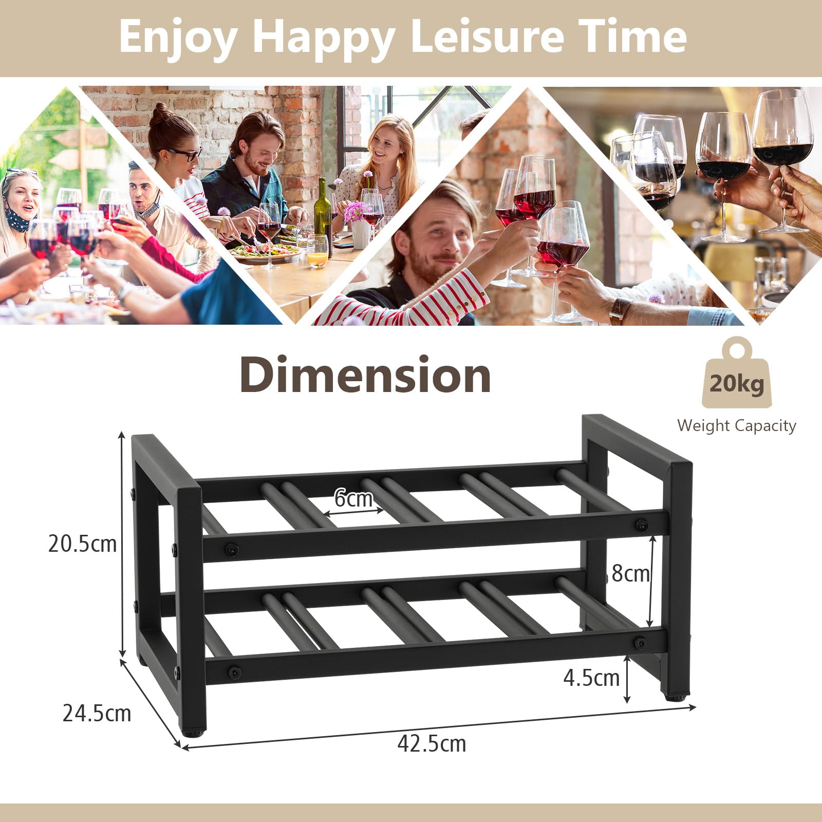 GOPLUS Botellero de 2 niveles para 8 botellas, soporte para botellas de vino, de metal, para cocina y bar, 42,5 x 24,5 x 20,5 cm