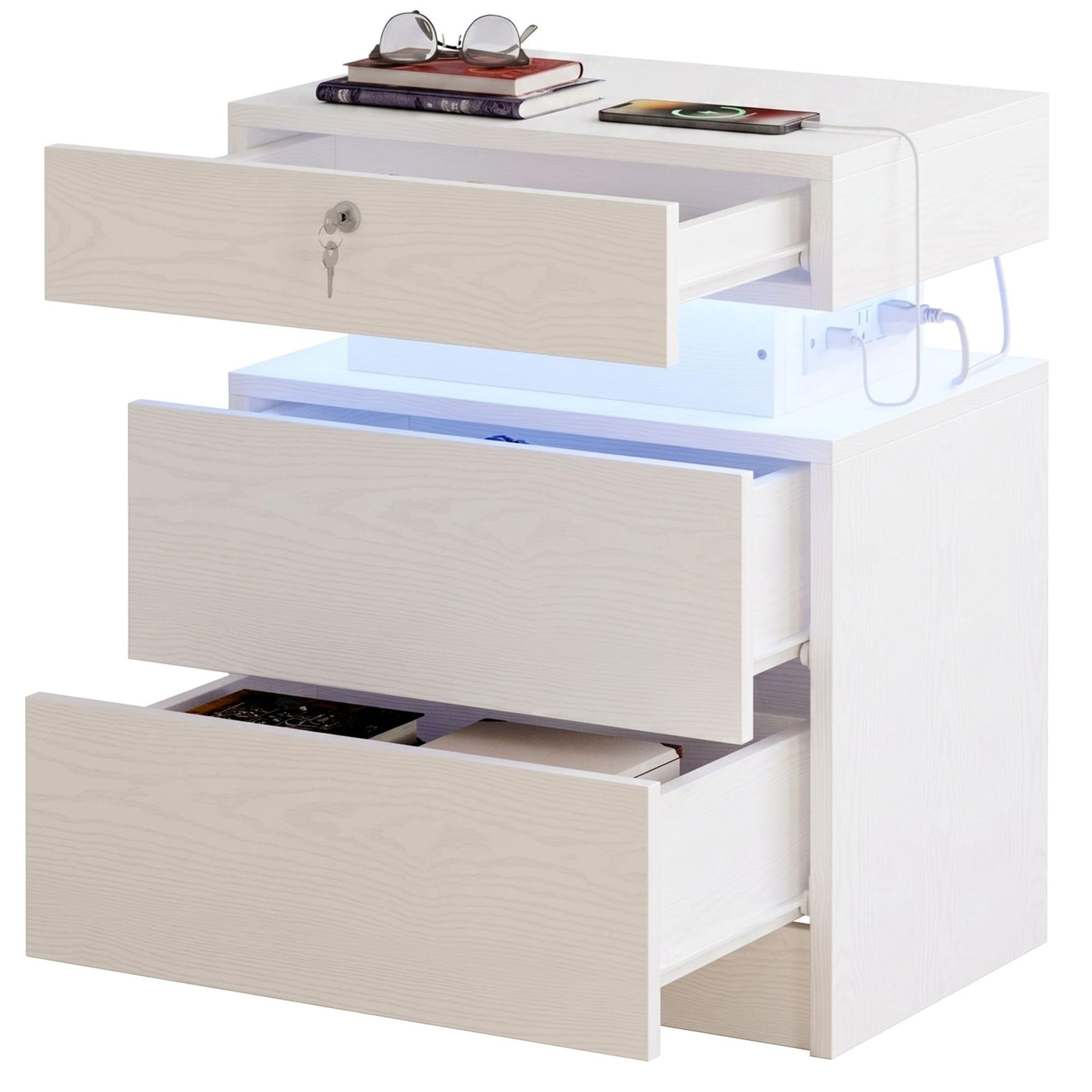 IRONCK Nachttisch, Nachtschrank mit LED-Beleuchtung, Beistelltisch mit 3 Schubladen, 1 USB- & 1 Typ-C-Anschluss und Schloss, Sofatisch für Wohnzimmer, Schlafzimmer, Weiß