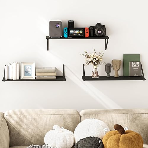 Miniatura 2 de BAMEOS Estantes flotantes de 24 x 8 pulgadas, juego de 3 estantes de pared de madera rústica, estantería para sala de estar, oficina y dormitorio,