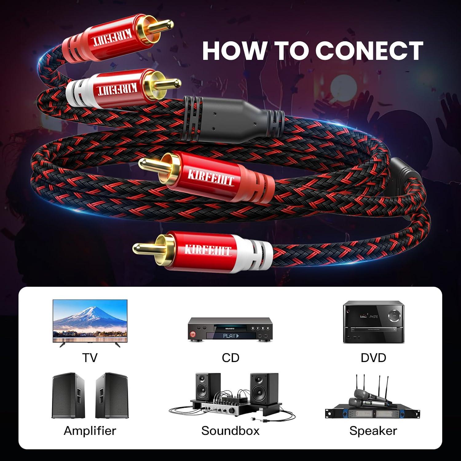 KIRFEIHT RCA Cables - 2RCA to 2RCA Subwoofer Cable OFC Core Gold-Plated Plug Nylon Braided Car Audio Cable for Hi-Fi Systems, Home Theater, HDTV, Amplifiers, Speakers 10FT - Red & Black image 4