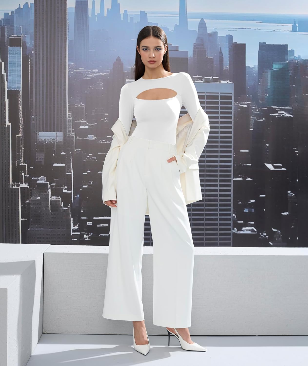 Women's Round Neck Cutout Front Bodysuit Double Lined Long Sleeve Crew Neck Body Suits Sexy Tops - Image 5