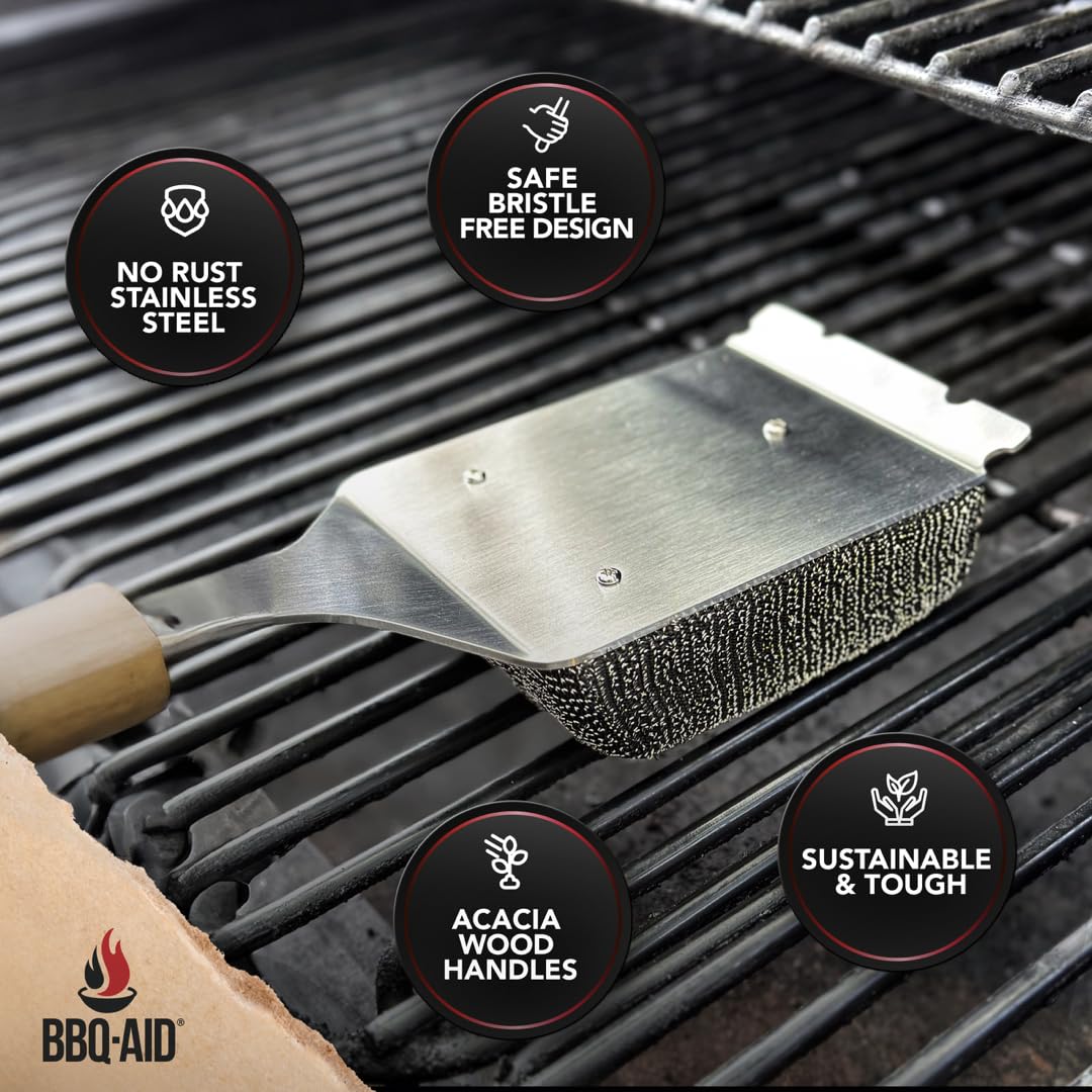 Cepillo de parrilla sin cerdas y raspador para barbacoa, mango de madera grande extendido con cabezal reemplazable, accesorios de limpieza de barbacoa sin arañazos para parrillas al aire libre 9