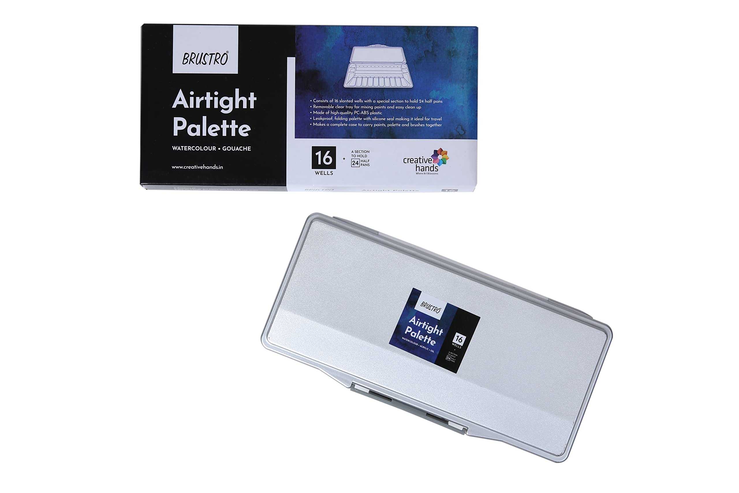 BRUSTRO Artists’ AIRTIGHT Palette 16 Wells for Watercolour and Gouache with a Special Section to Hold 24 Half Pans and a Removable Clear Tray-image-36