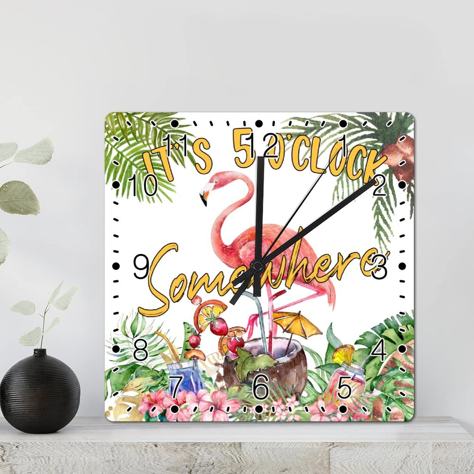 Horloge flamant rose tropical hawaïen carrée, cadeau déco original style rustique