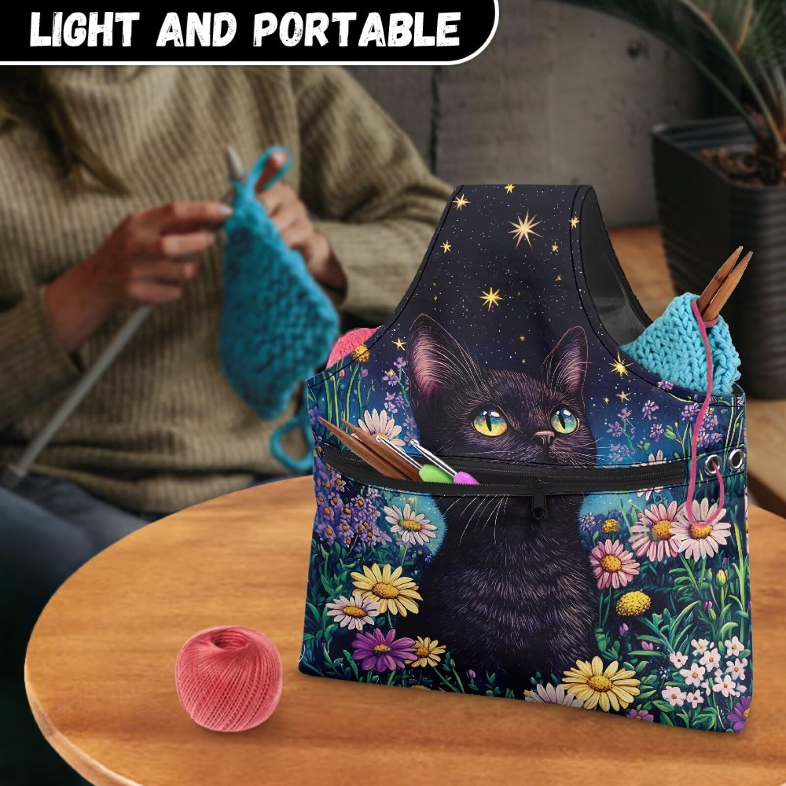 ASQVTIFE Starry Night Cat Yarn Storage Knitting Bags Store Skein Ball Cute Yarn Holder Knitting Bag,Crochet Bags for Women Knitting Needles with Front Zipper Pocket Large Crochet Bags for Big Yarn - Image 4