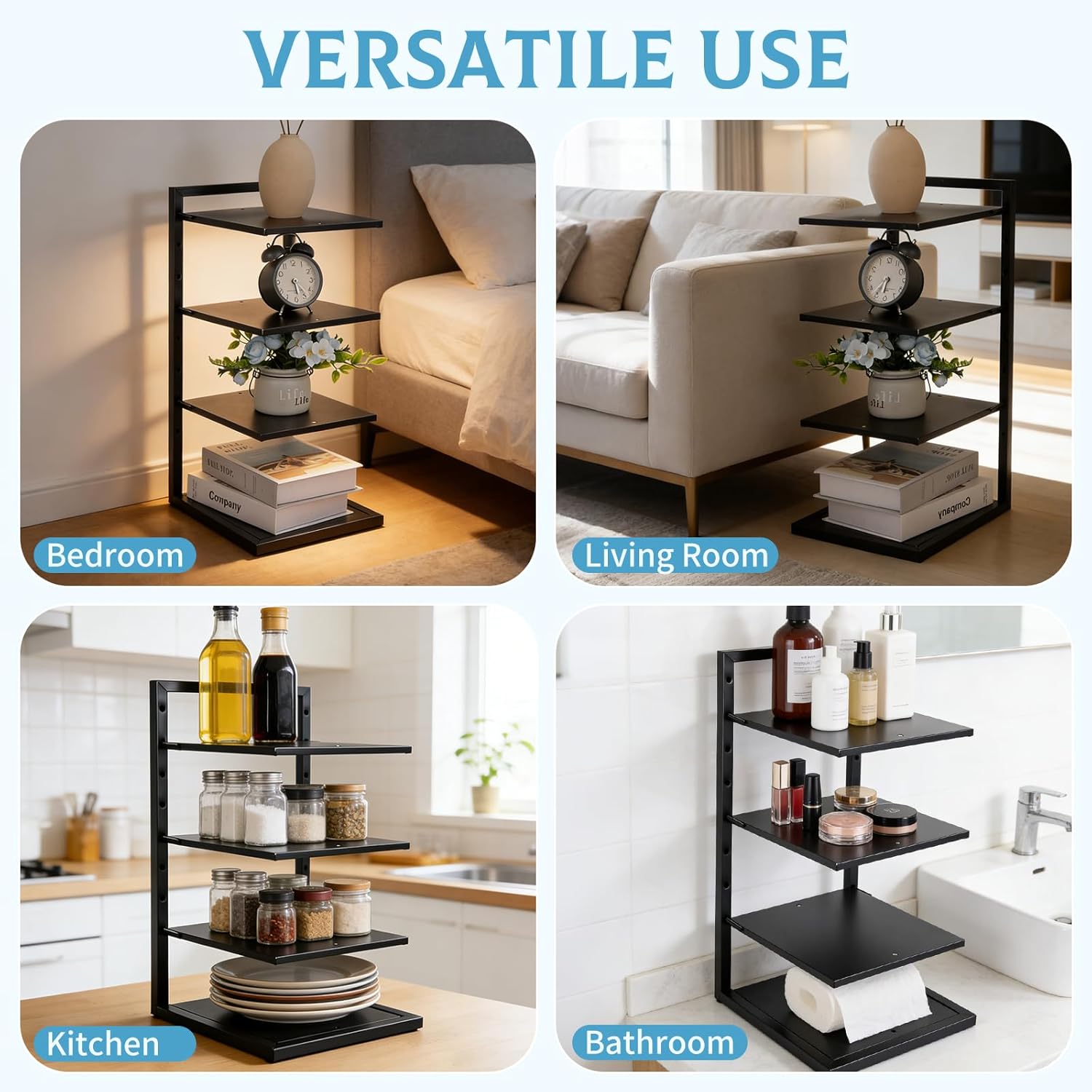 Rainmae 4-Tier Small Metal Bookshelf for Desktop, Adjustable Height Modern Bookcase, Space-Saving Book Storage Display Shelf Tabletop Organizer for Bedroom, Living Room, Office, Black