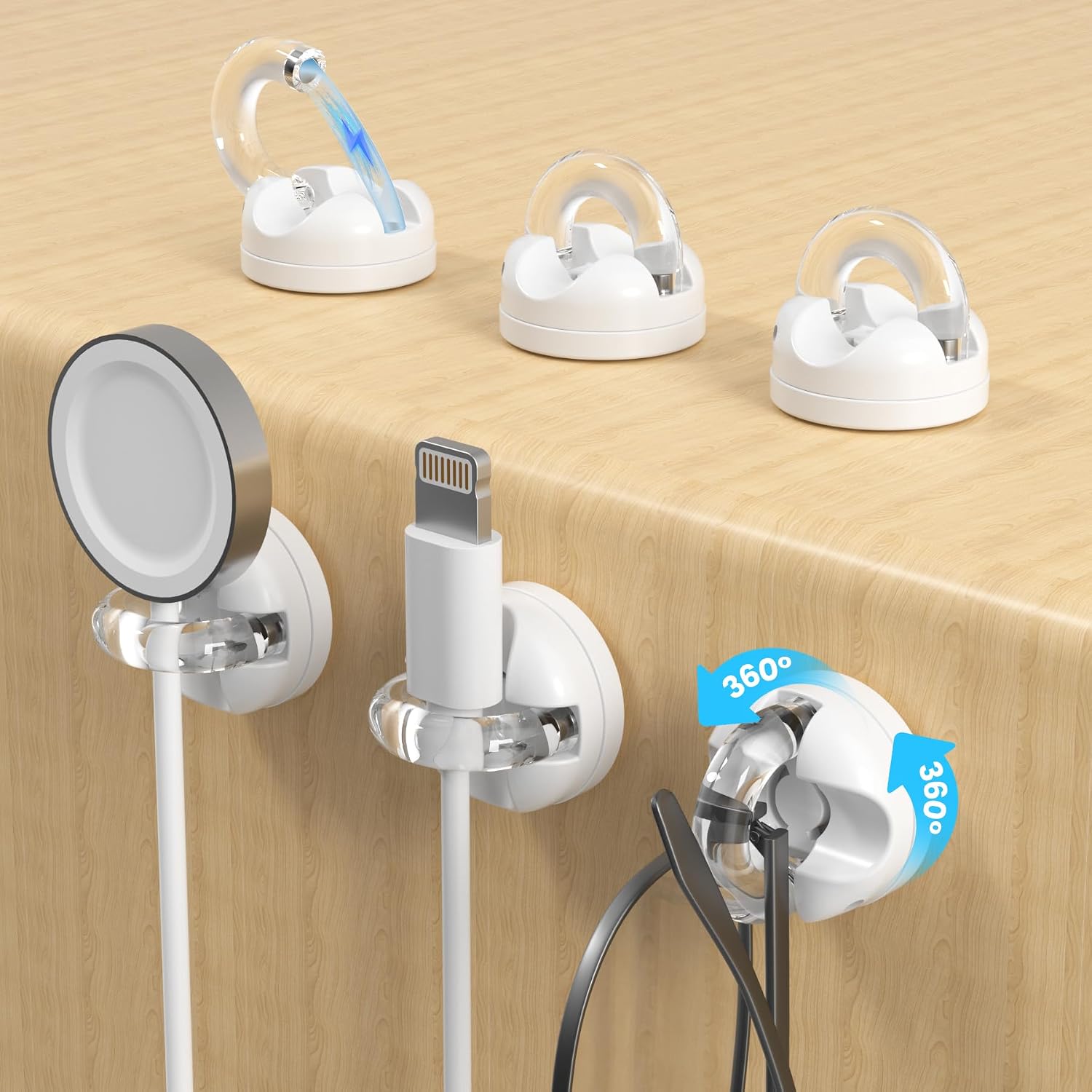 Rotatable Magnetic Cable Clips, Smooth Adjustable Cord Holder, Under Desk Cable Management, Adhesive Charging Wire Holder Keeper Organizer for Office Nightstand Wall (6-Pack White)