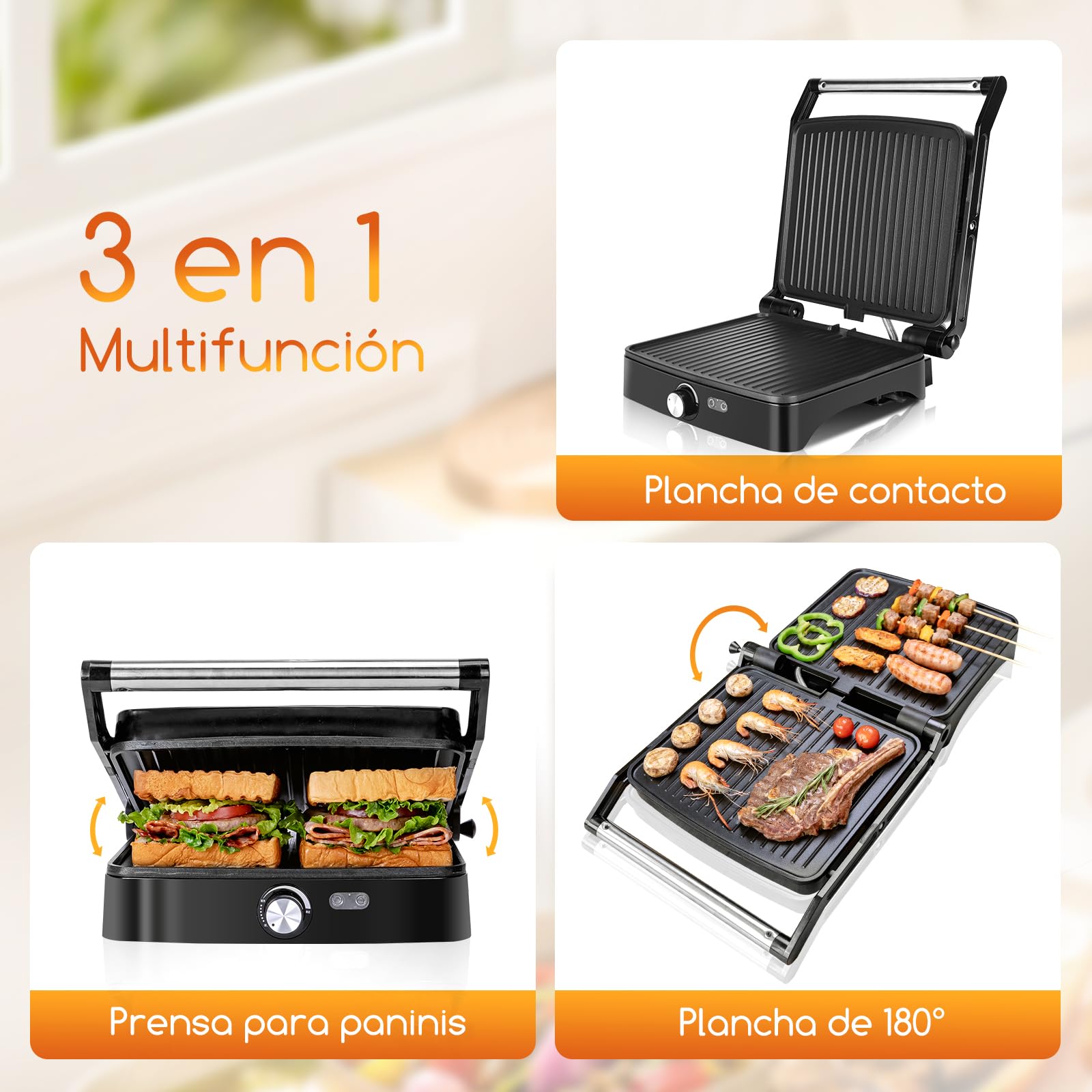 Aigostar Calore Parrilla Eléctrica 1800W, Grill Electrico con Revestimiento Antiadherente, Sandwichera con Regulador de Temperatura, Apertura 180º, Placa Superior Flotante, Libre de BPA