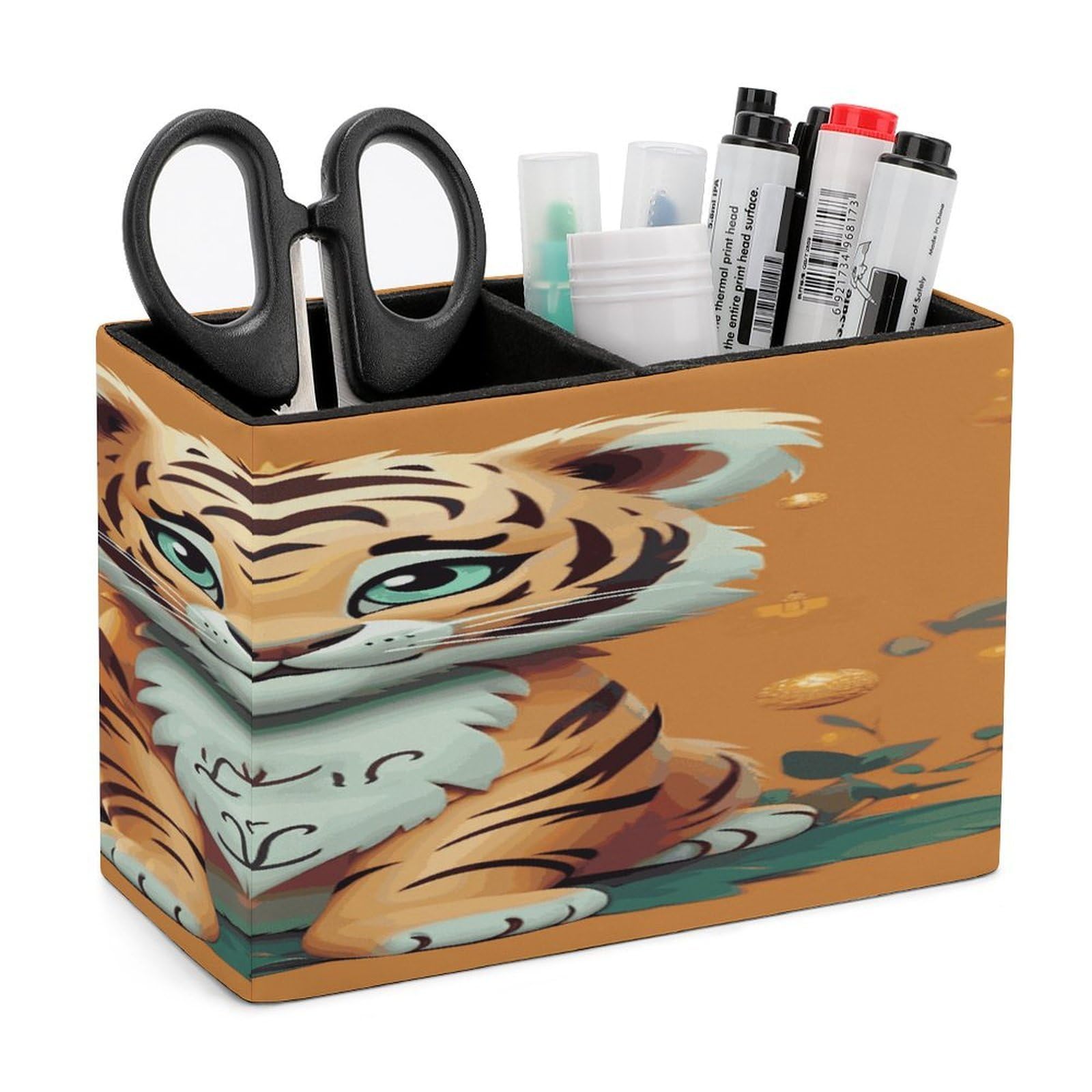 FekiLoot Year of The Tiger Funny Tiger Pen Holders for Desk Small Remote Control Holder Leather Pencil Cup with Double Compartments Desktop Organizer for Table Desk Office Space Saving