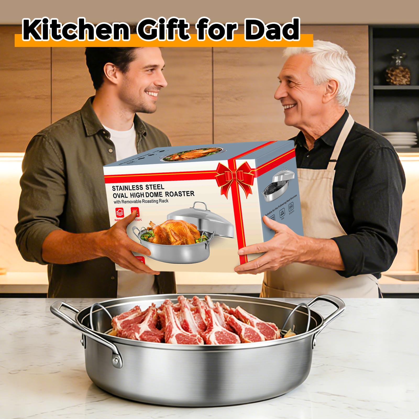 Sartén grande para asar con estante y tapa, regalos para mamá, mujer, esposa, tostadora ovalada grande de acero inoxidable, utensilios de cocina antiadherentes para pollo y pavo, 21 pulgadas