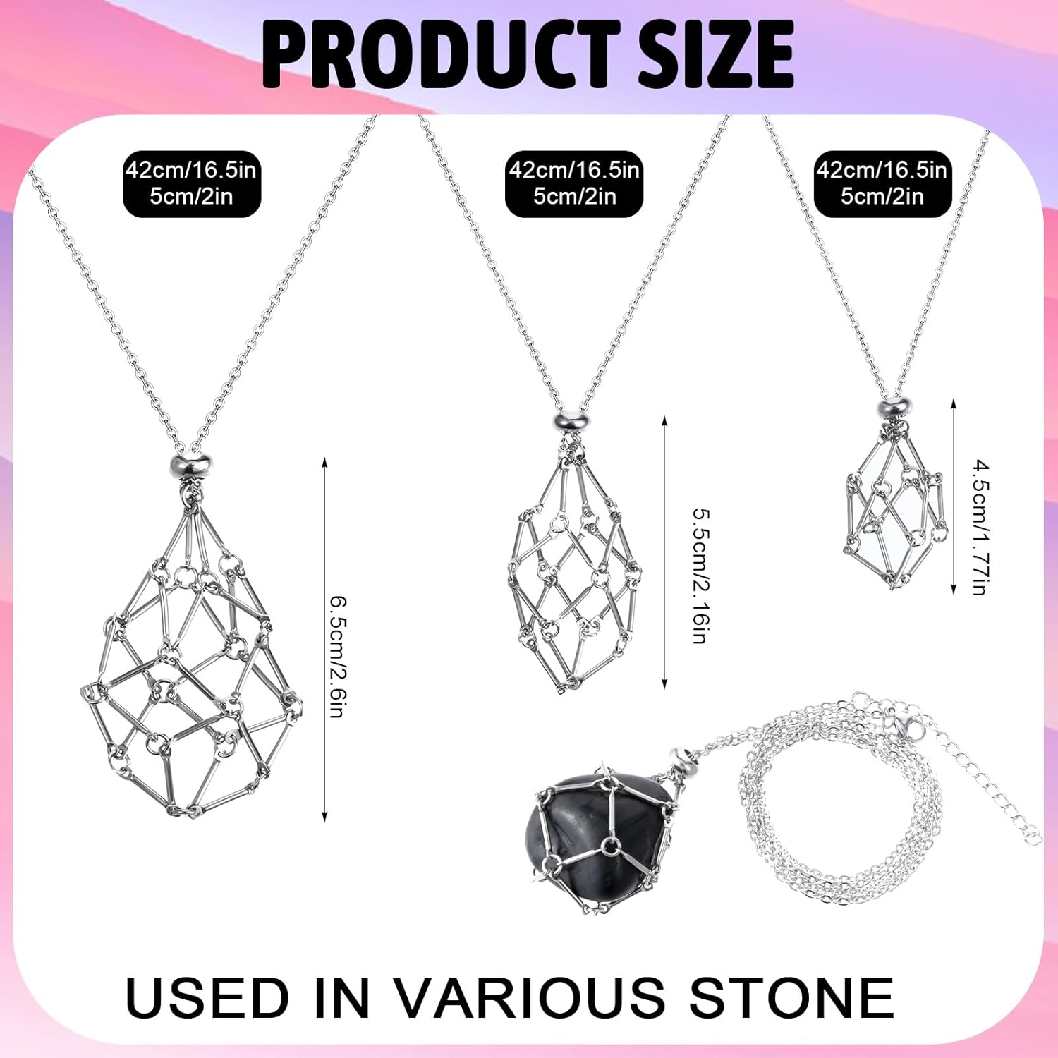 3 Pcs Necklace Cord Crystal Necklace Holder Adjustable Empty Stone Holder Stainless Steel Boho Handmade Cage Fish Netted for Women Men Yoga Meditation DIY Jewelry Making Home Decor - Image 2