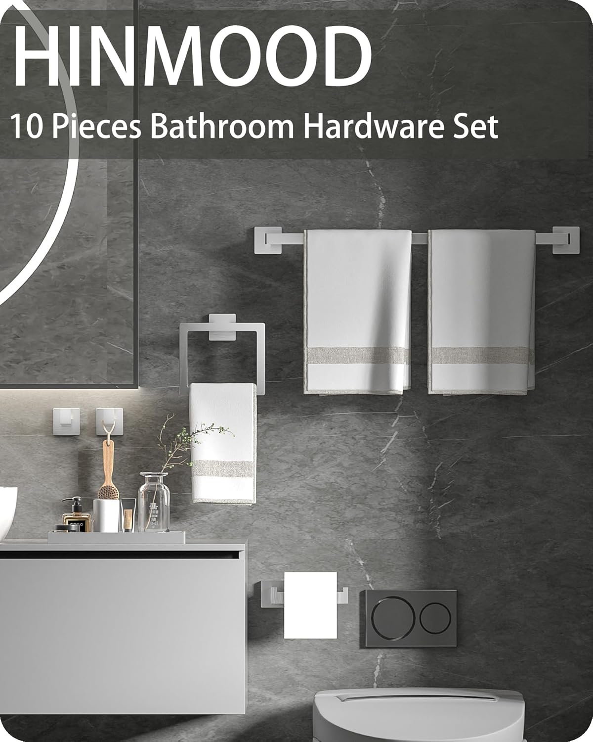 Square Bathroom Hardware Set, Bathroom Accessories Set10 Pieces Includs 16 inch Towel bar, Square Towel Ring, Toilet Paper Holder, Towel Hook (Brushed Nickel-10PCS-16Inch)