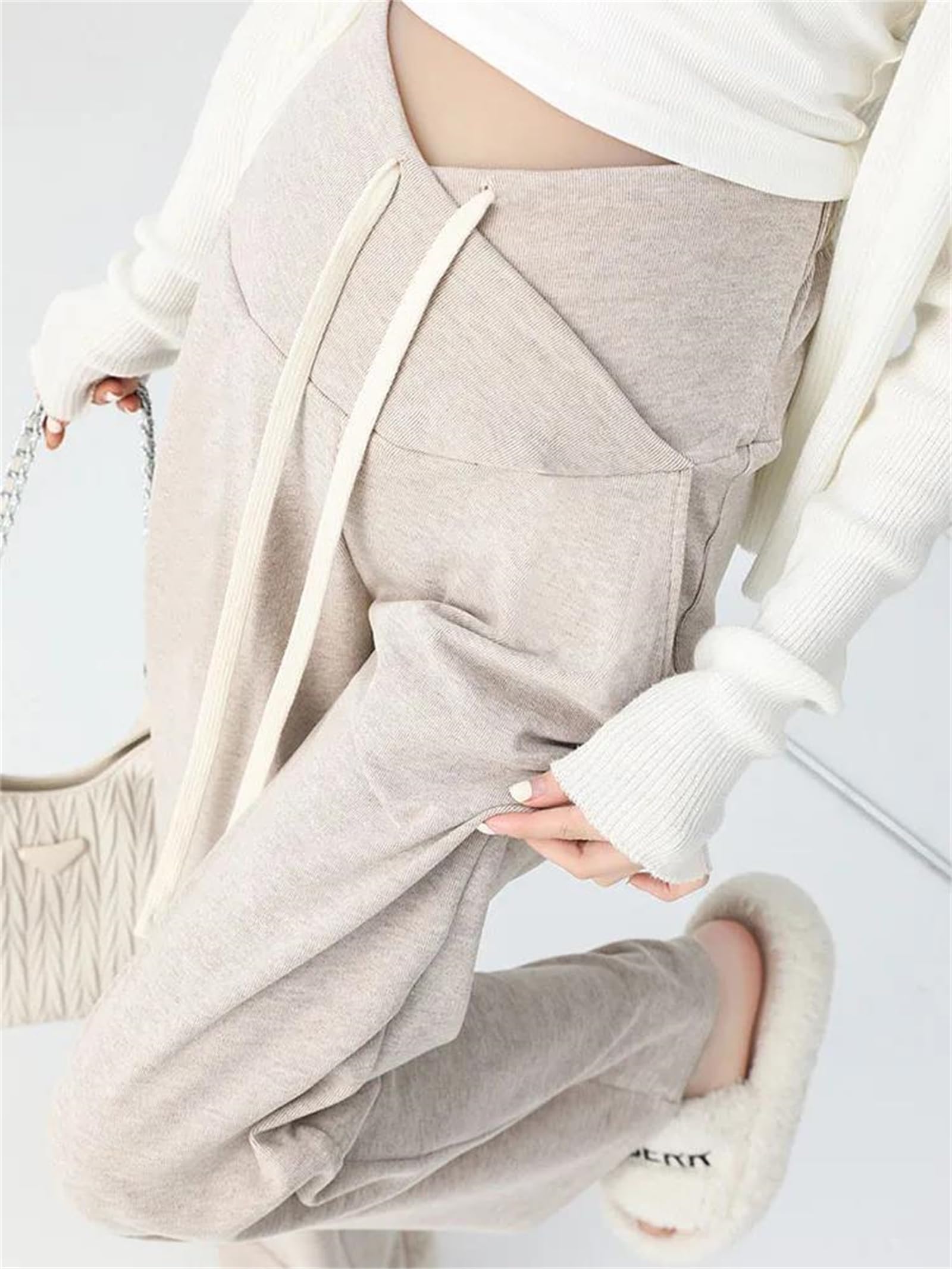 Pantaloni da donna a vita alta, gamba larga, casual, con lacci, premaman