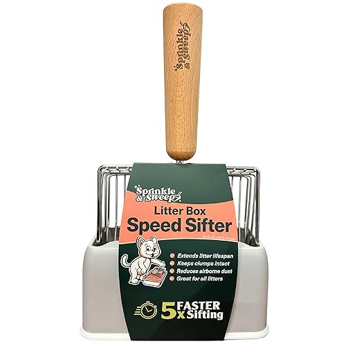 Sprinkle & Sweep Metal Cat Litter Scoop - Heavy Duty Litter Scooper & Speed Sifter with Comfortable Beech Wood Grip - Washable Convenient Stand for Easy and Efficient Cleaning - Cat Litter Scoop