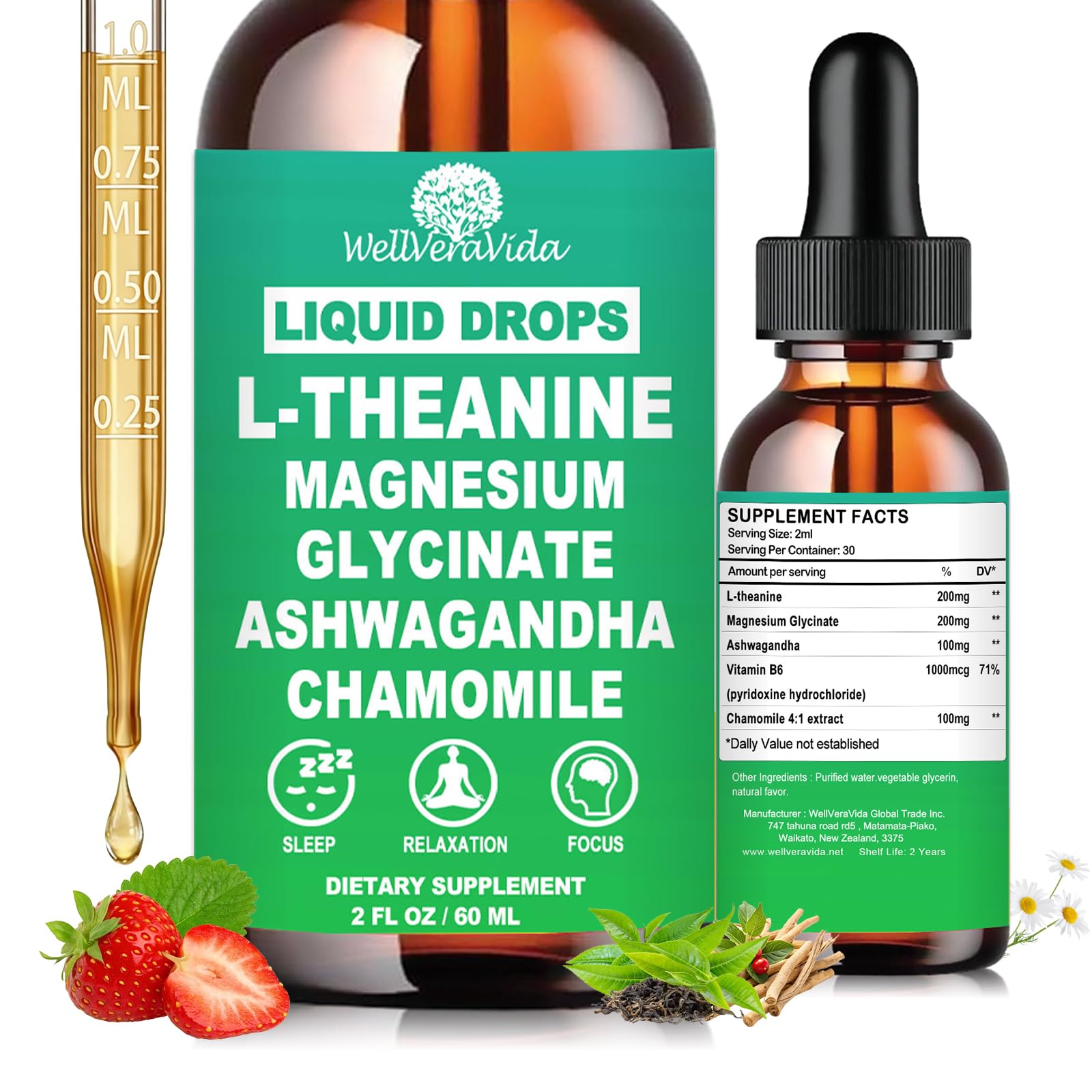 L-Theanine Supplement Liquid Drops 200mg, Magnesium Glycinate & Ashwagandha