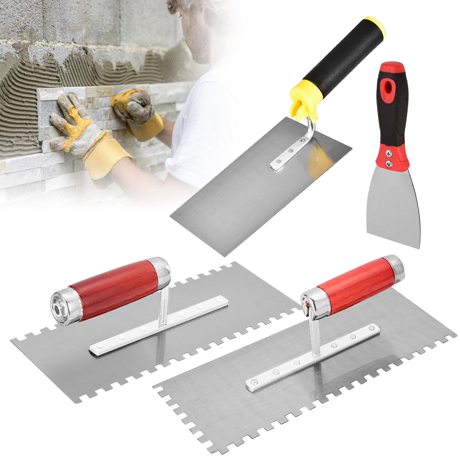 Stainless Steel Mason Spatulas, 4 Pieces Serrated Trowel, Stainless Steel Trapezoid Trowel with Rubber Handles, Mason Trowel Set for Concrete, Stucco (280 x 110 mm)