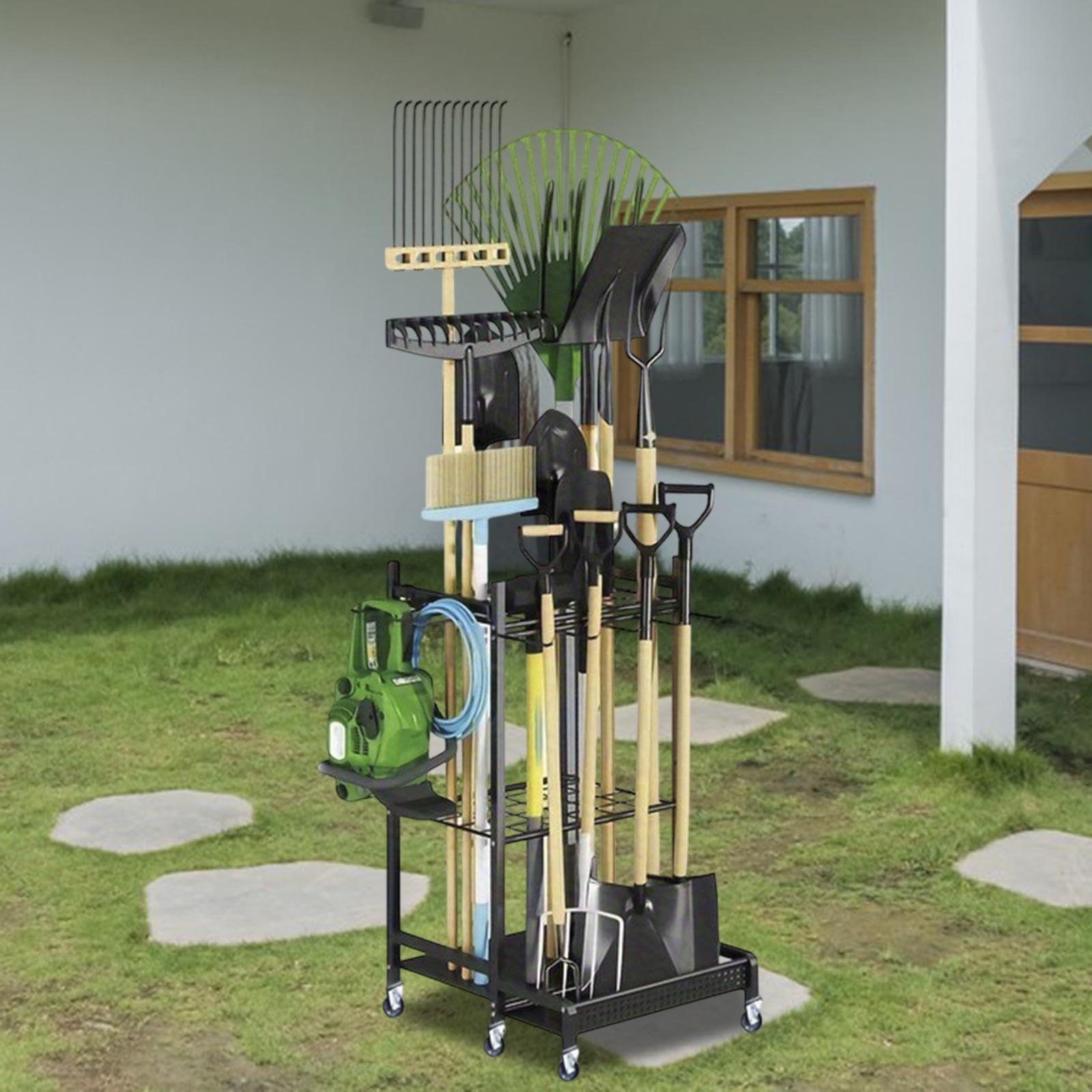 Estante De Herramientas De Jardín De Acero Resistente con Ganchos Y Ruedas para Almacenamiento En Patios, Jardines Y Patios Interiores.