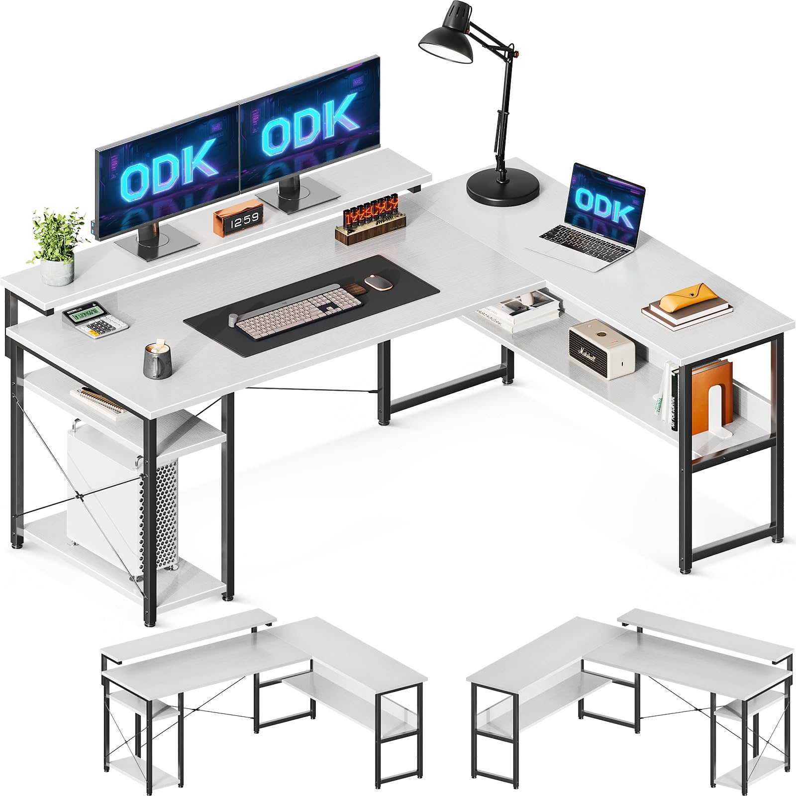 ODK Corner Desk, Reversible L Shaped Computer Desk with Adjustable Monitor Stand, Office Desk with Storage White 155×120 cm