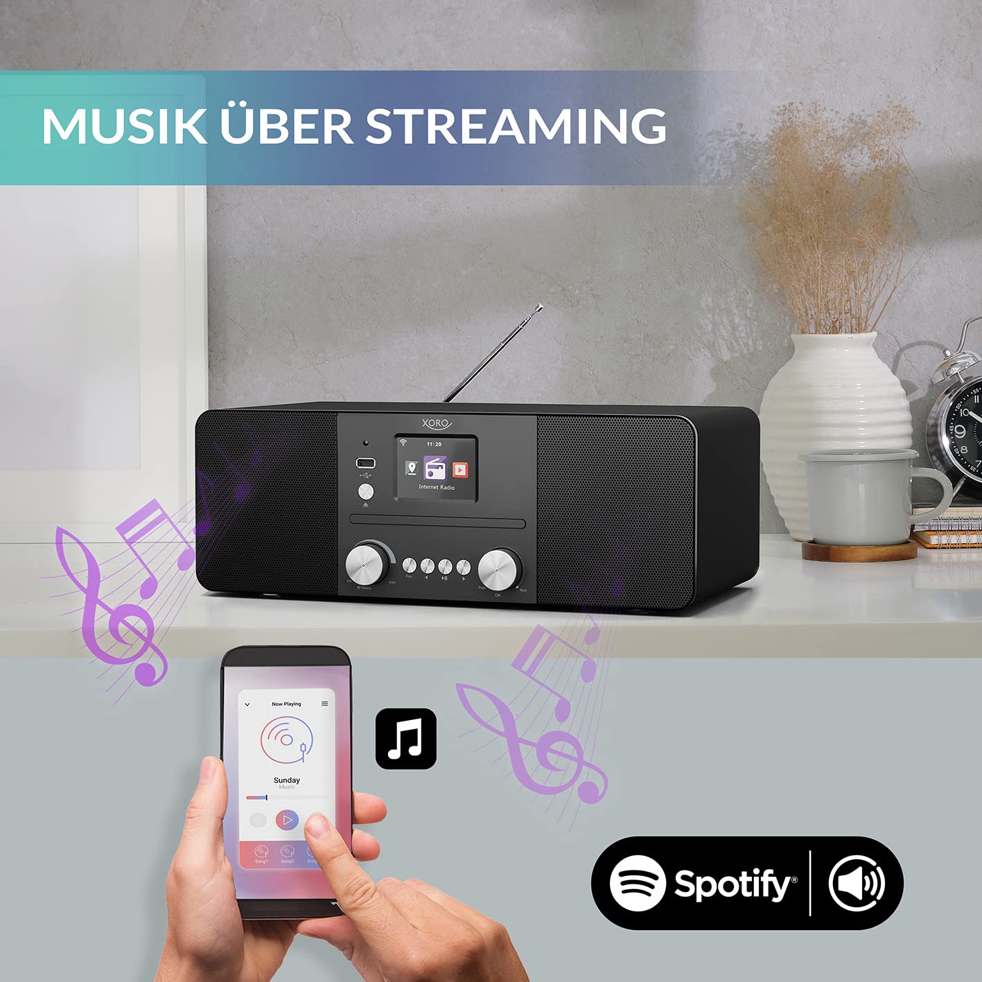 XORO HMT 620 – wielofunkcyjne radio internetowe stereo z odtwarzaczem CD, radio DAB+/FM, Wi-Fi, Bluetooth, Spotify Connect, odtwarzacz MP3 USB, strumieniowe przesyłanie sieciowe, sterowanie aplikacją,