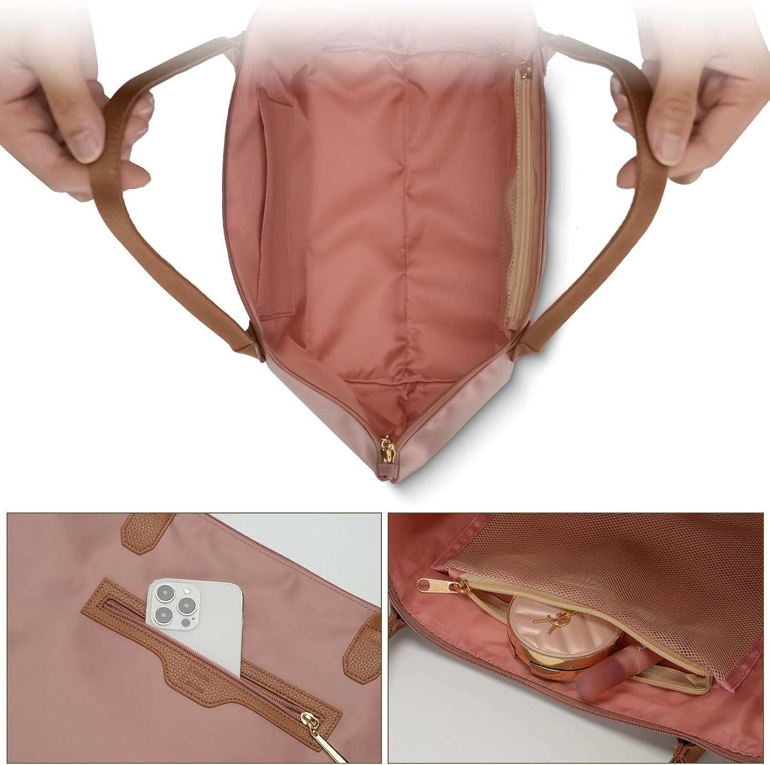 Nylon Tote Bag for Women with Zipper, Lightweight Large Laptop Shoulder Handbag, Spacious Gym, Travel and Shopping Purse