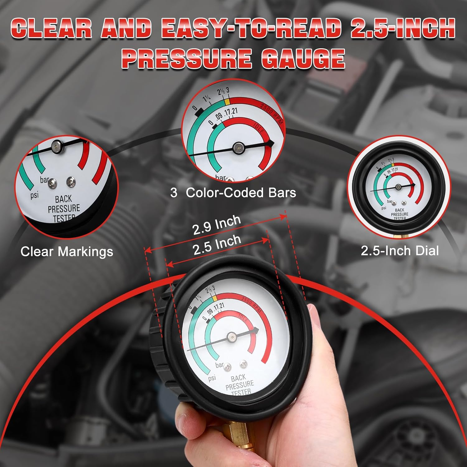 Pressure Tester Kit - Catalytic Converter Clog Diagnostic Tool with 2.5 PSI/Bar Gauge, 6FT Hose, M 12 / M 18 Adapters & ABS Case for Automotive Repair