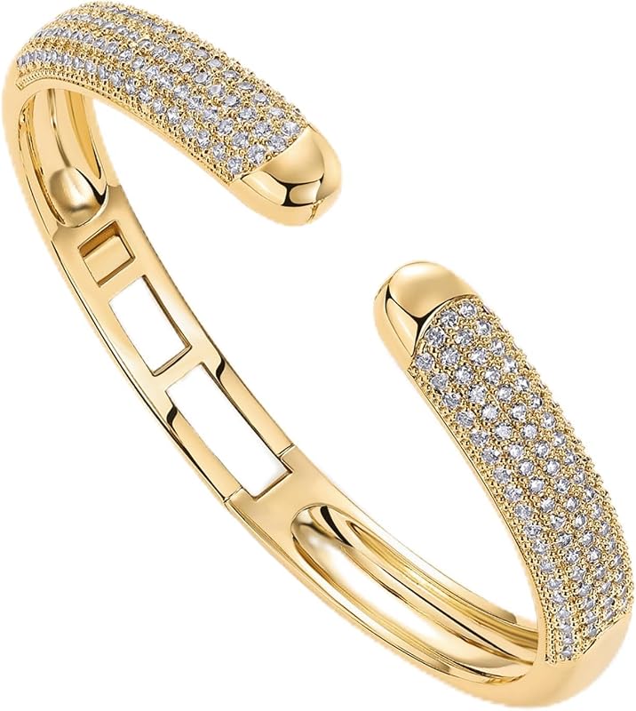 Pulseras de puño chapadas en oro de 14k | Pulseras de puño de oro CZ para mujer con pavimento de primera calidad | Joyería hipoalergénica impermeable | Estilo elegante de moda | Diseño de brazaletes