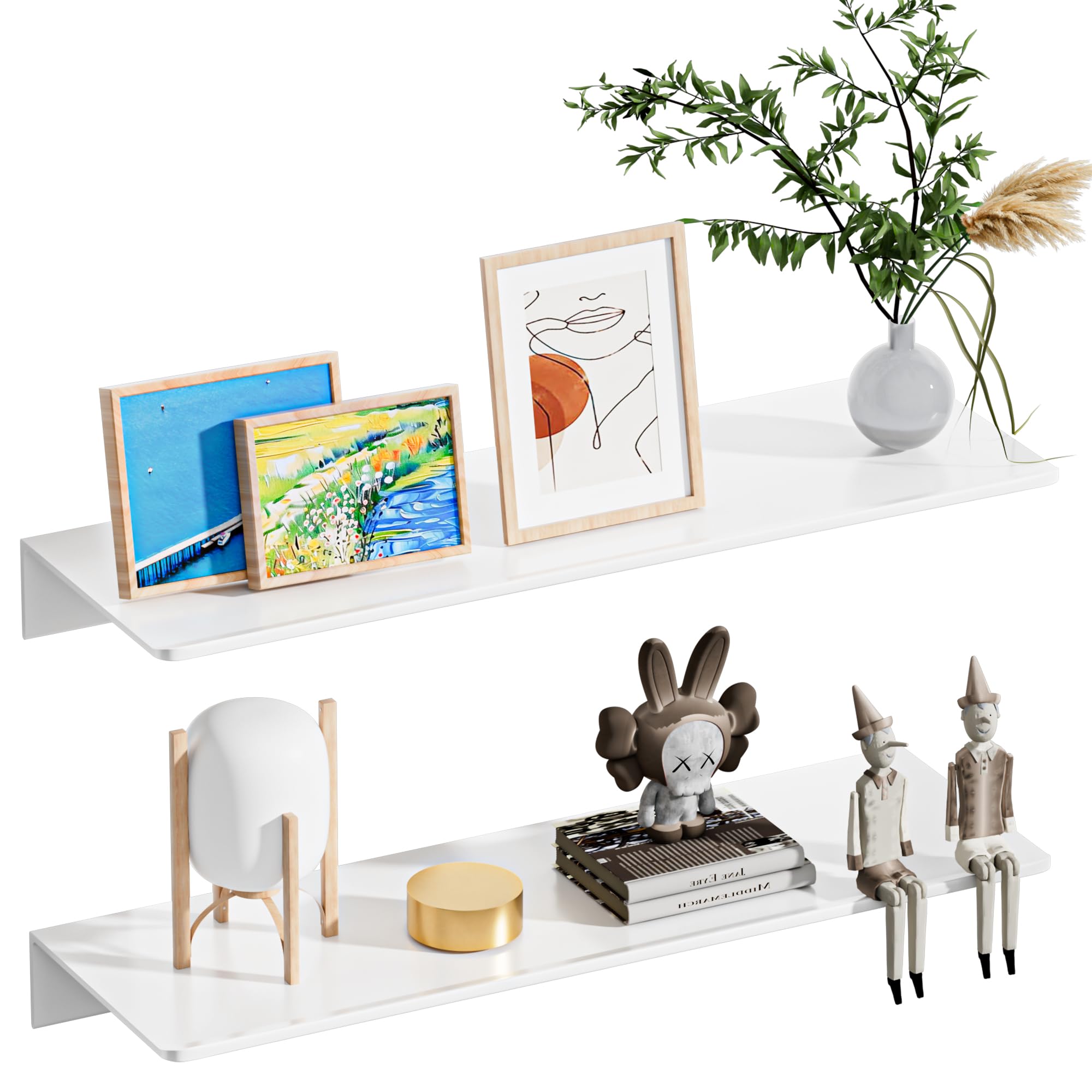 HNVNER 2-Piece White Metal Floating Shelves - Aluminum Alloy Wall Mounted Shelf No Drilling, Rust-Proof, 40cm Width for Home Decor & Storage in Living Room, Bedroom, Bathroom