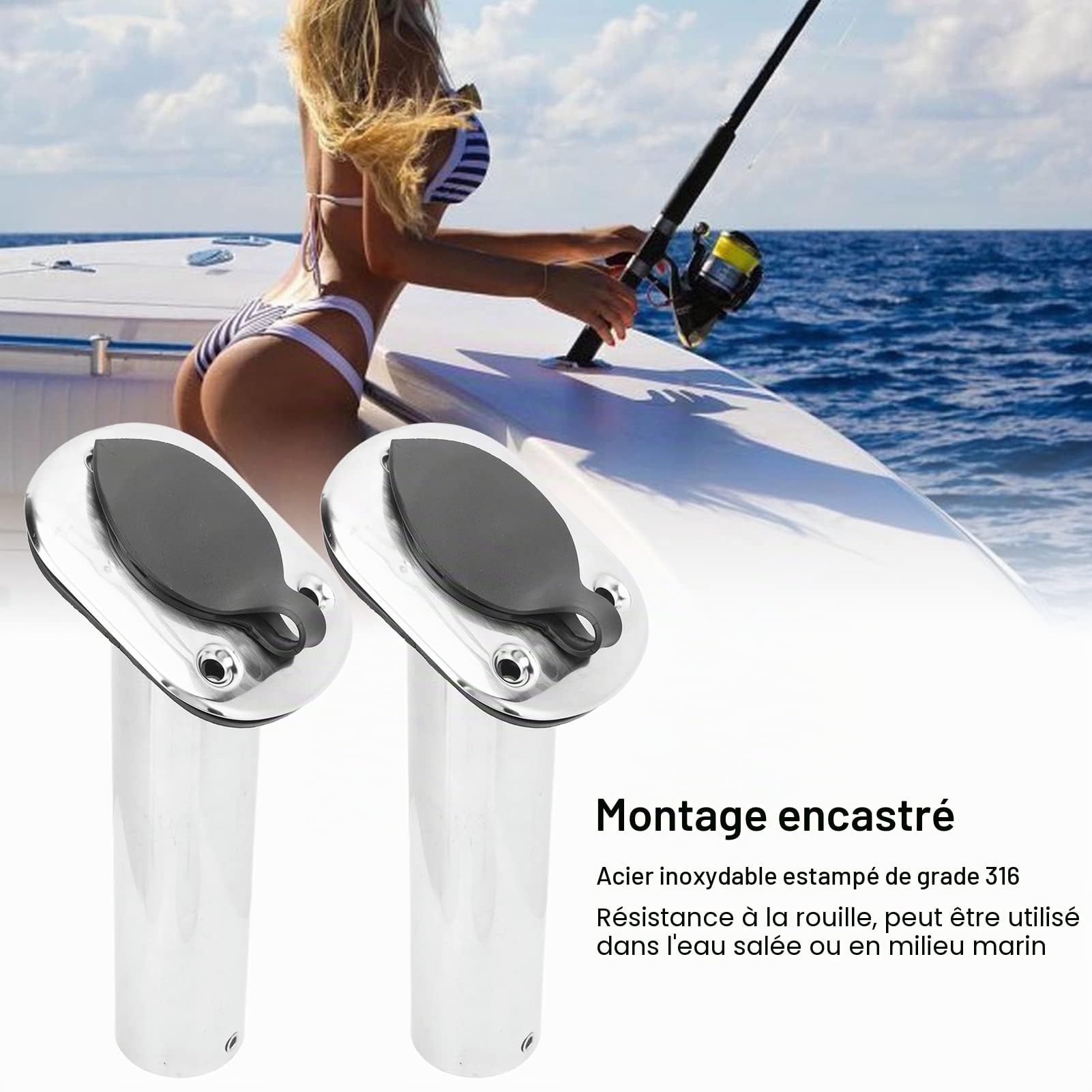 Affleurante Porte-Canne à Pêche, 2 pièces, Support de Canne à Pêche Encastré, en Acier Inoxydable 316, avec Couvercle de Joint à 30 degrés, pour Bateau Yacht Kayak Rail
