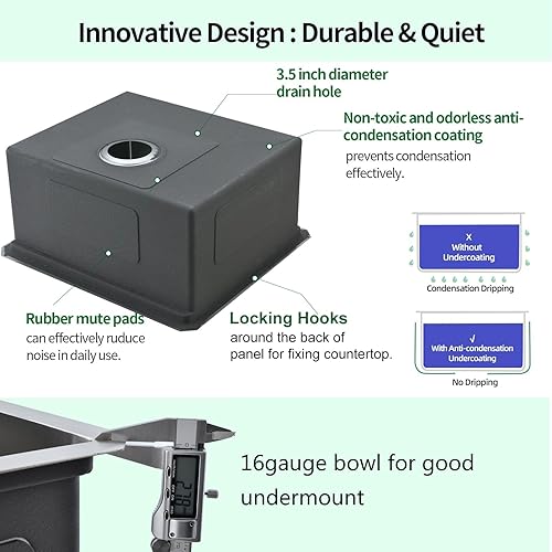 Miniatura 6 de Fregadero de cocina de montaje inferior, fregadero de cocina de 21 x 19 pulgadas, fregadero de cocina de acero inoxidable calibre 16, fregadero de