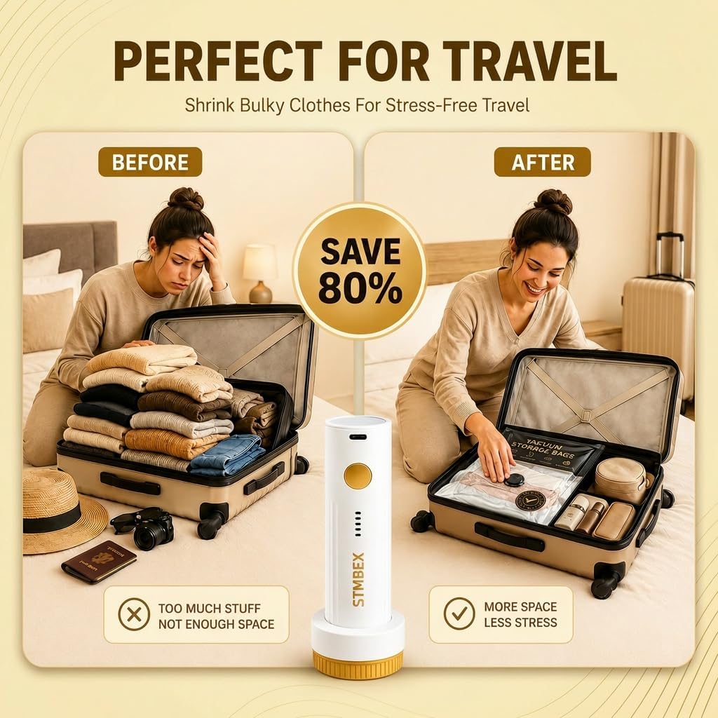 Travel Vacuum Bags with Pump, Vacuum Seal Storage for Clothing Travel, Compression Sacks for Suitcase Packing, Reusable Space Saver Bags with Electric Pump (12 Bags)
