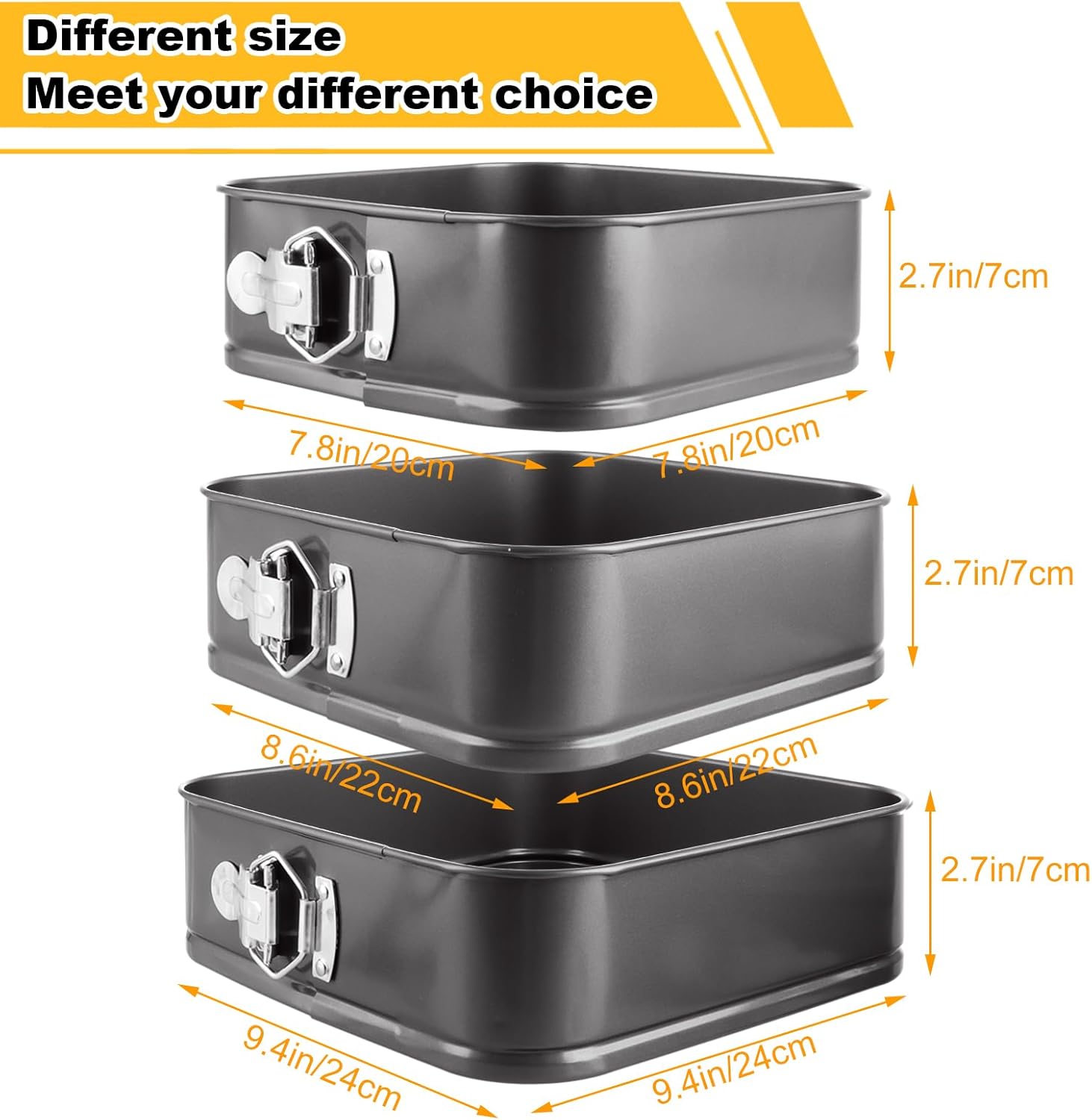 3PCS Square Springform Pan with Removable Bottom 8 inch/9 inch/10 inch Springform Cake Pan Non-stick Square Bakeware for Cake, Cheesecakes, Pizza, and Quiches - Image 2