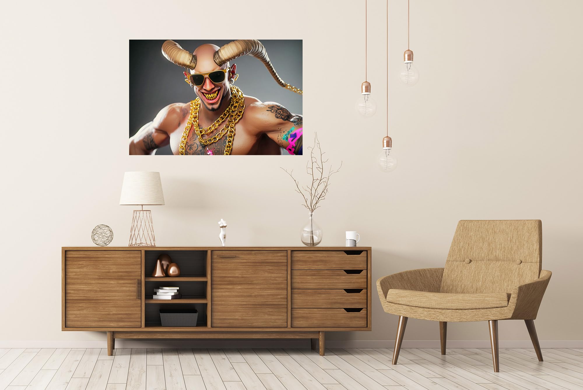 islandburner Prime XXL - Poster con immagine Hip-Hop, fan della camera dei ragazzi, sorridente muscoloso con corna, occhiali da sole, catena d'oro, immagini di alta qualità, stampa fotografica