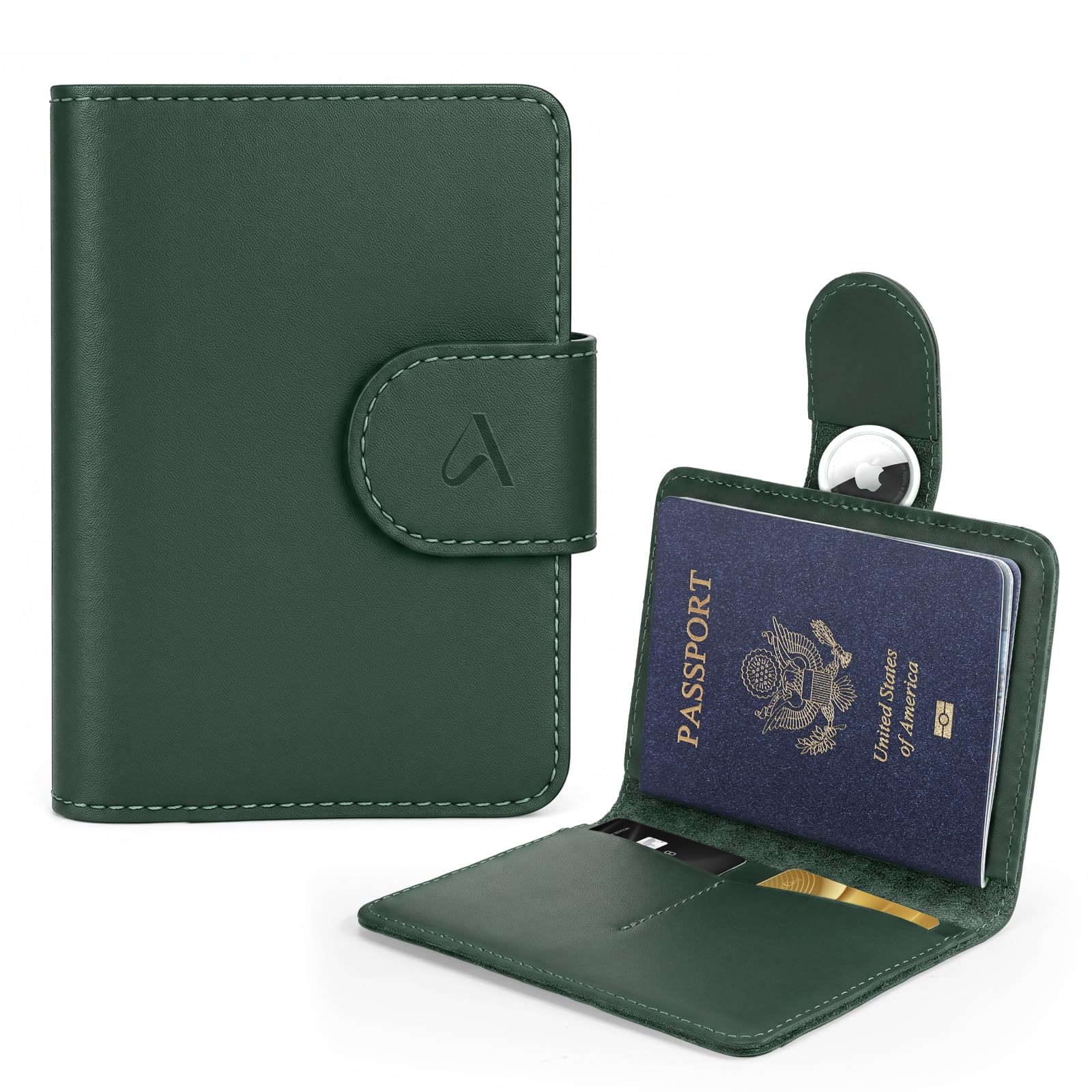 ALLIVE Passport Holder for Travel, Genuine Leather Passport Holder with AirTag Hidden, Rfid Passport Cover Travel Wallet for Airport Essentials, Travel Must Haves Gifts (Forest Green)
