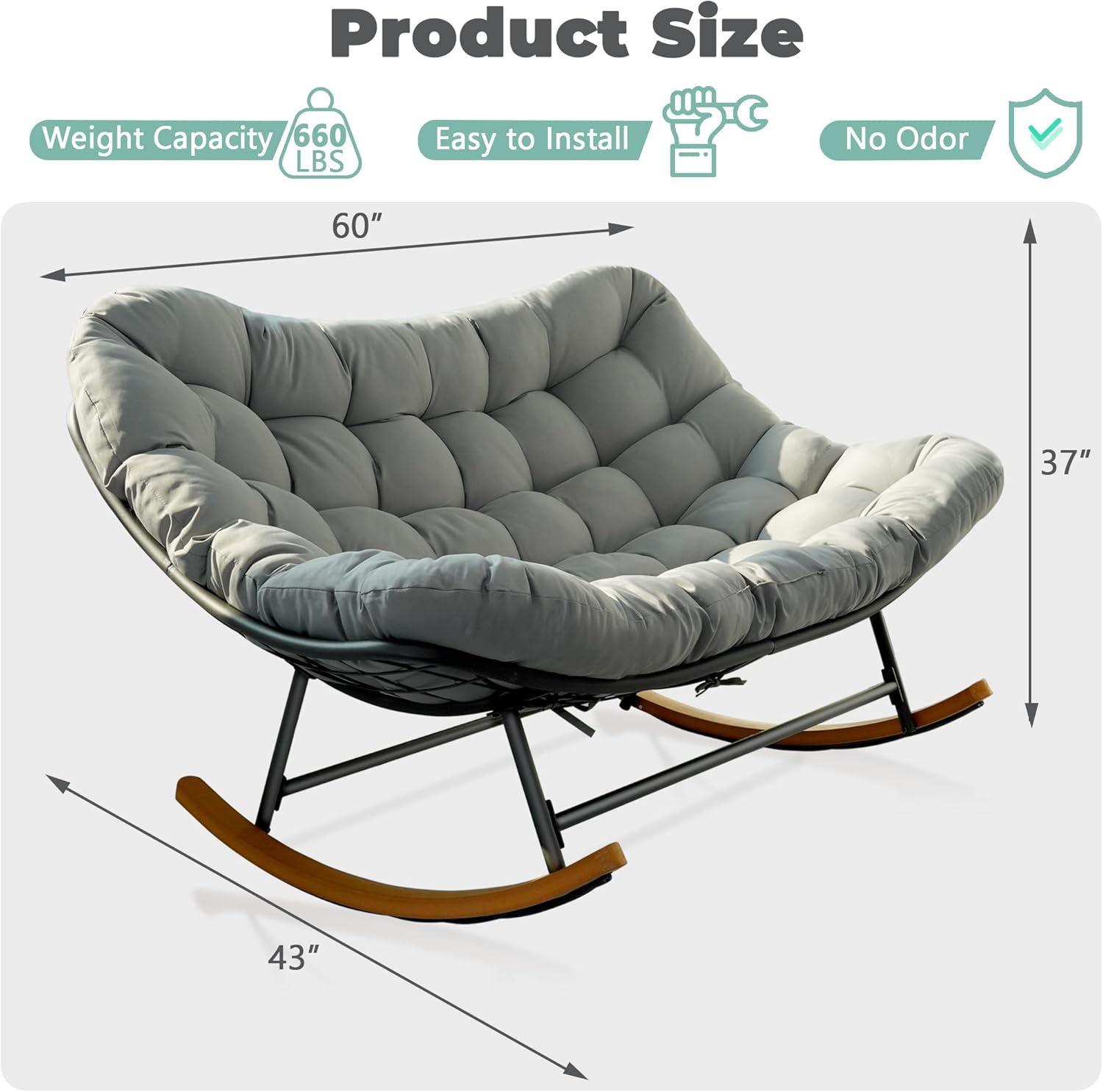 Double Papasan Patio Rocking Chair,Double Oversized Papasan Rocking Chair with Thick Cushions,Perfect for Indoor, Patio, or Balcony Use, Modern Outdoor Loverseat for Two.Grey