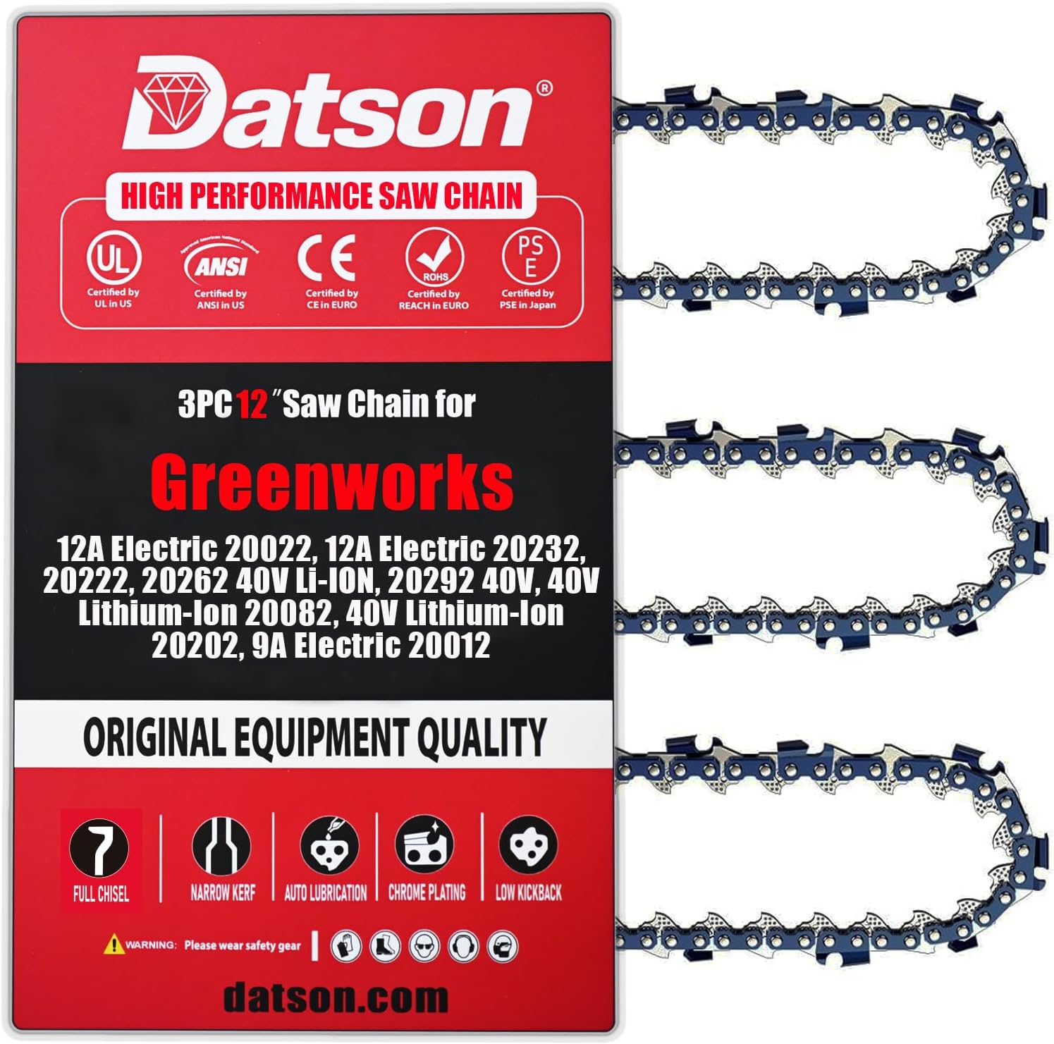 12 Inch Chainsaw Chain Replacement for Greenworks 12A Electric 20022, 12A Electric 20232,20262 40V Li-ION, 20292 40V, 40V Lithium-Ion 20082,9A Electric 20012 (3 Chains)