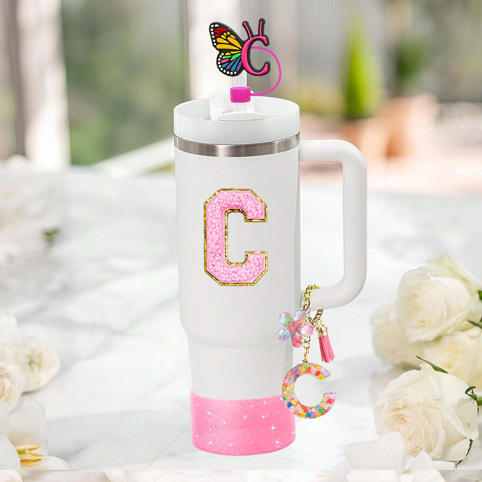 Stanley Cup Accessories Set For Tumbler Stanley, Including 10mm Butterfly Straw Cover, Cup Letter Charms, Bling Silicone Boot, Letter Sticker And Butterfly Embroidered Sticker (Lilac Purple, Letter A
