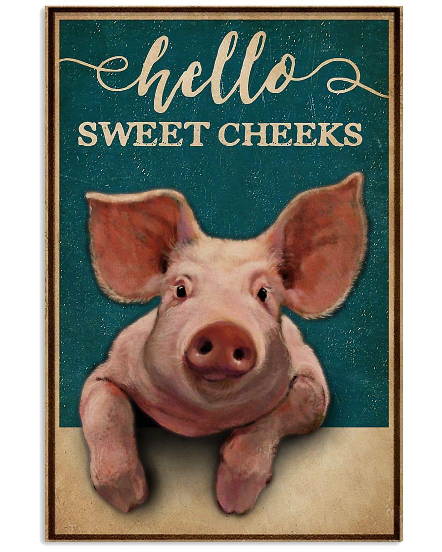 Ingzzaac Metalpostera41969 Teal Hello Sweet Cheeks Pig Retro Metal Tin Sign 8X12 Inches