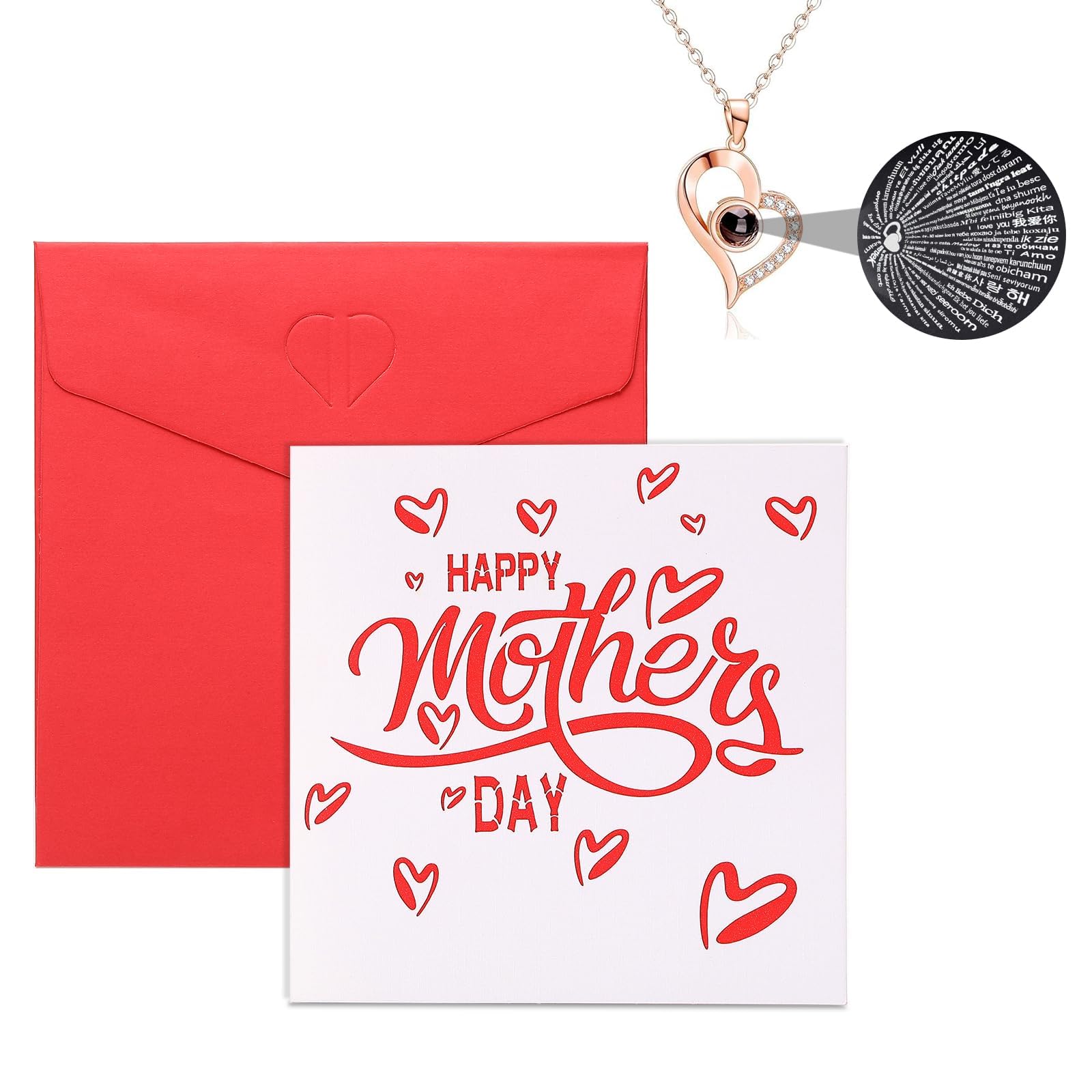 Mother's Day Cards For Mom, Happy Mothers Day Card From Daughter Son Husband, Mothers Day Gift Card With Heart Pendant Necklaces 100 Languages I Love