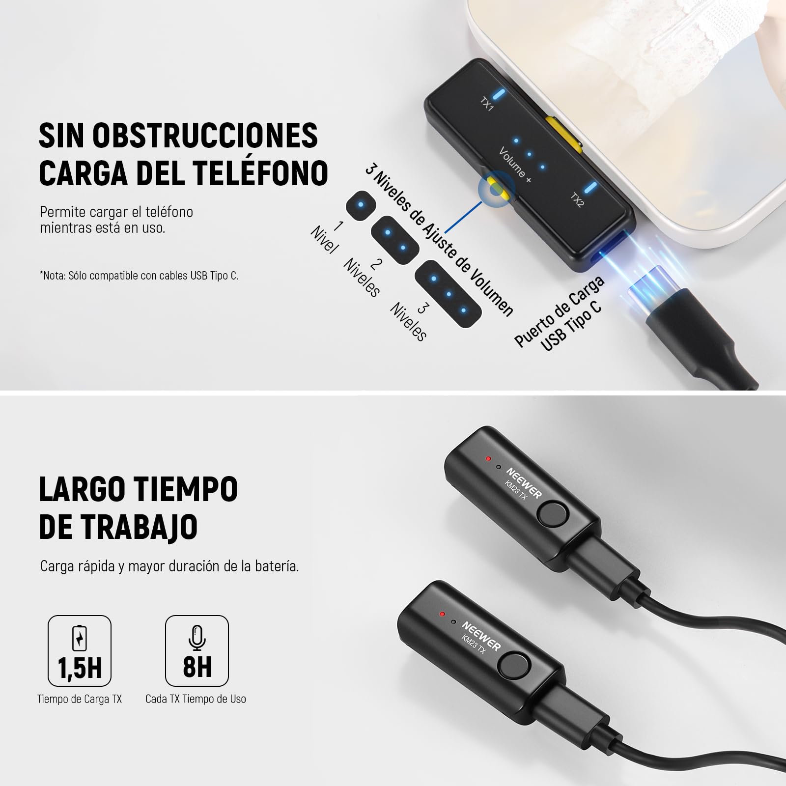 NEEWER Micrófono Lavalier inalámbrico para iPhone Android PC Portátil Alcance de 131 pies/40 m Cancelación de Ruido Micrófono Omnidireccional para Vlogging Transmisión en Vivo (1x RX + 2x TX), KM23