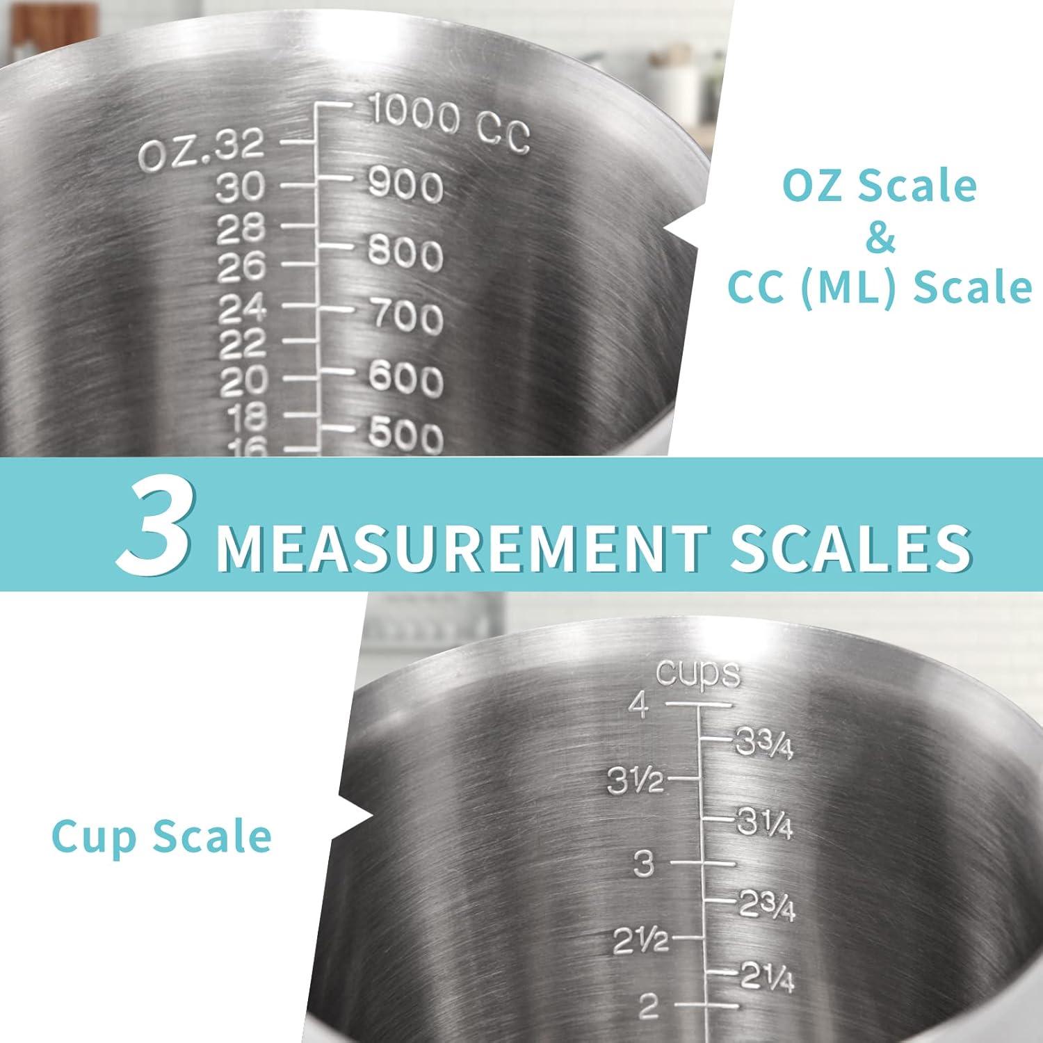 Measuring Cup, [Upgraded, 3 Measurement Scales, Including Cup Scale, ML Scale, Ounce Scale], Newness Stainless Steel Measuring Cup with Marking with Handle, 32 Ounces (1.0 Liter, 4 Cup)