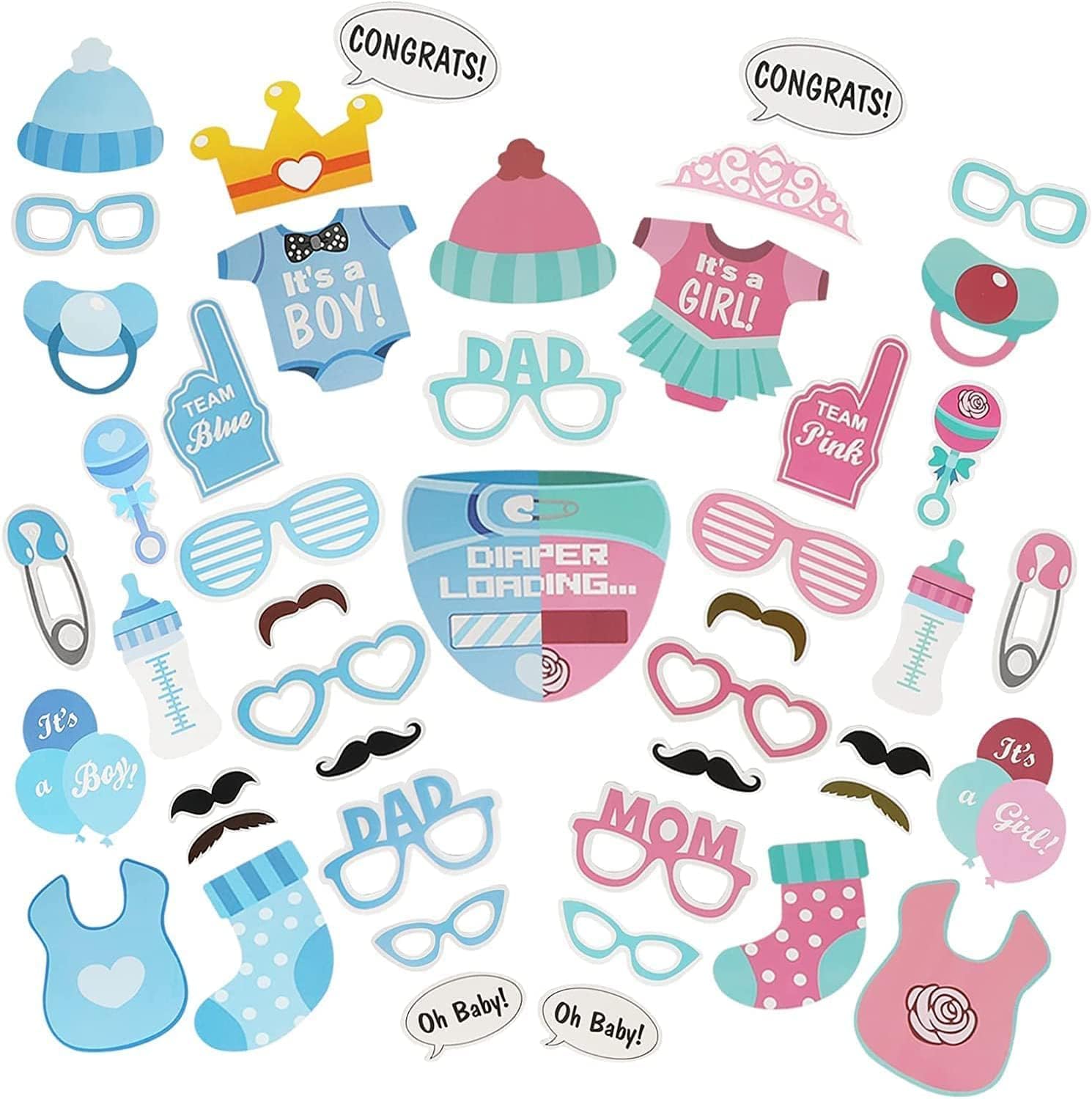 50 Pcs Baby Shower Photo Booth Props, Gender Reveal Props Baby Shower Handheld Props, for Unisex Newborn Boy Girl Party Decorations, Easy to Assemble, for Baby Taking Pictures