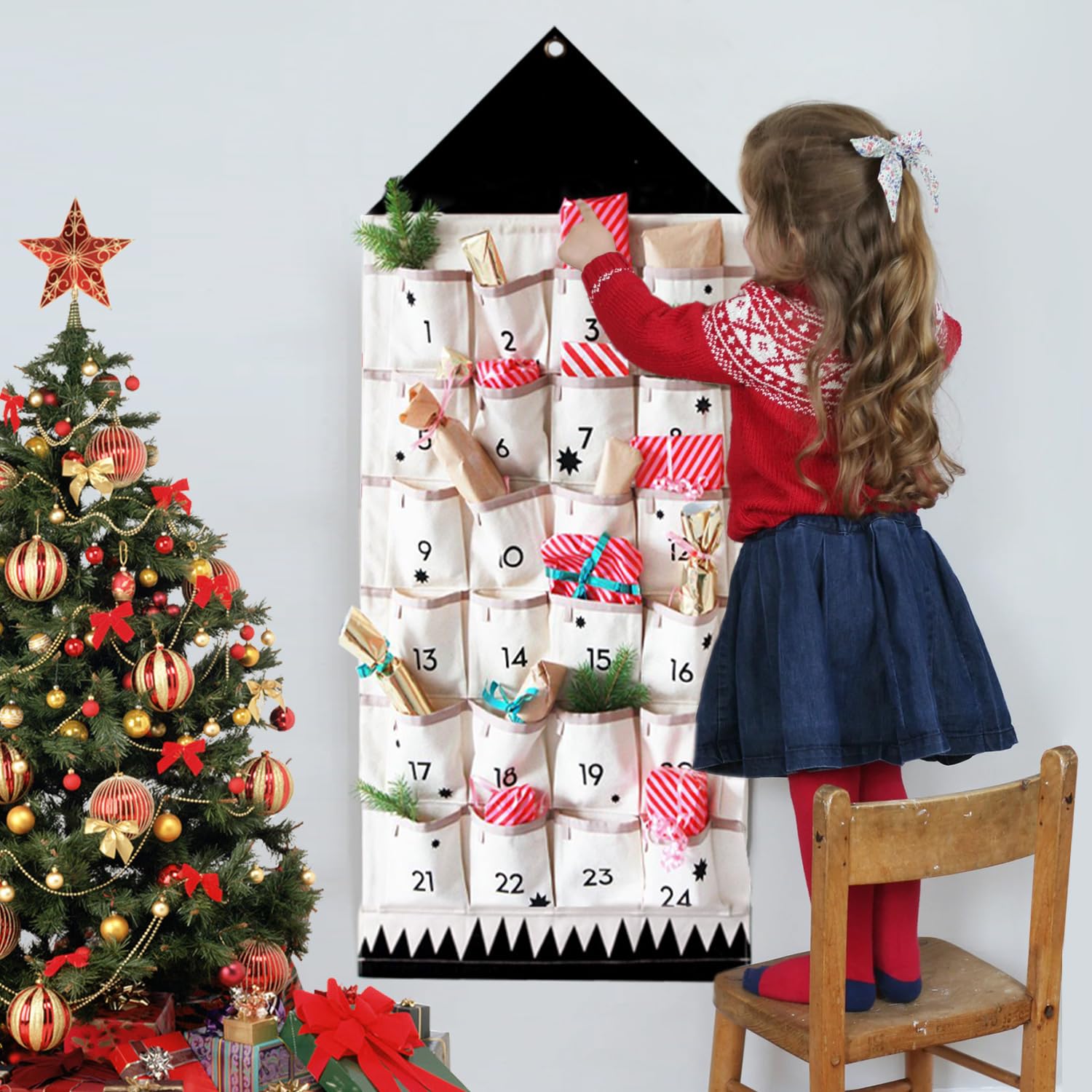 Calendrier De L'Avent Mural Noël Blanc 24 Poches | Décoration Compte à Rebours Noël | Idée Cadeau Festif 50x100 Cm